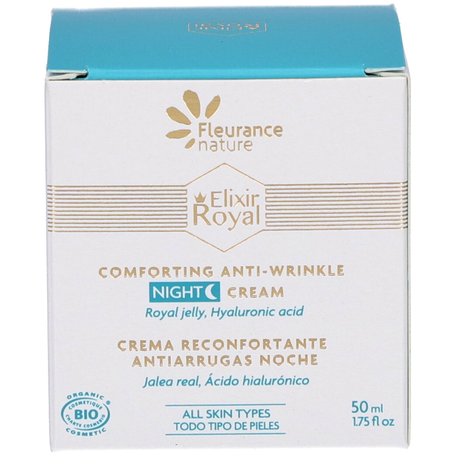 Boîte avec inscription: Elixir Royal, Crème Nuit Anti-Rides. Certification Bio. Tous types de peaux.