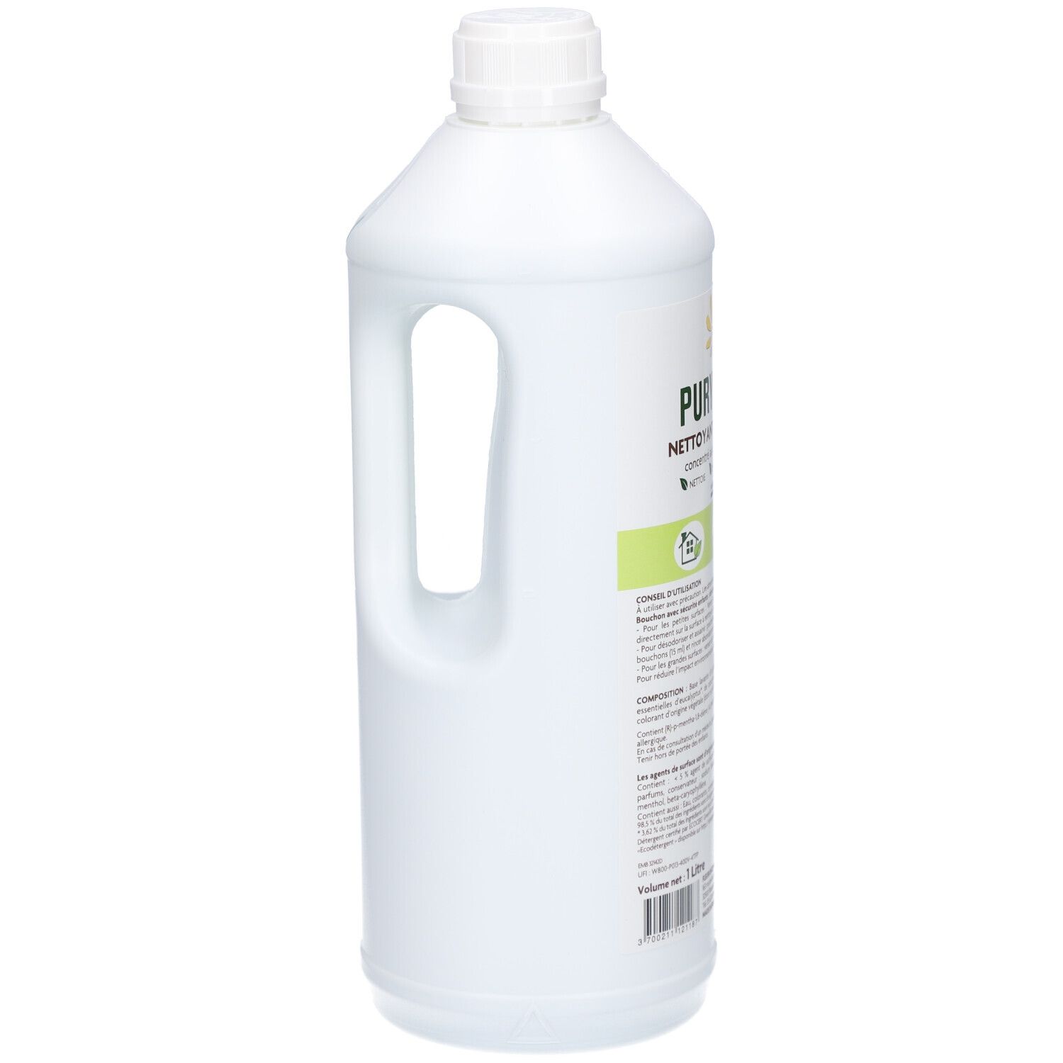 Bouteille blanche avec poignée. Inscription : PURYFITOUT, nettoyant. Certification ECOCERT. 1 litre.