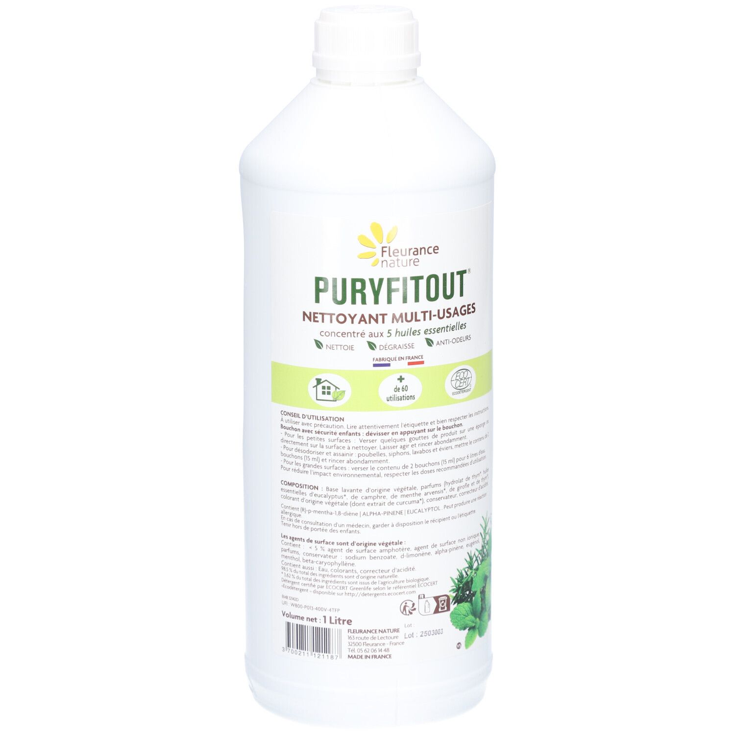 Bouteille blanche avec bouchon à vis. Inscription : PURYFITOUT, nettoyant. Certification ECOCERT. 1 litre.