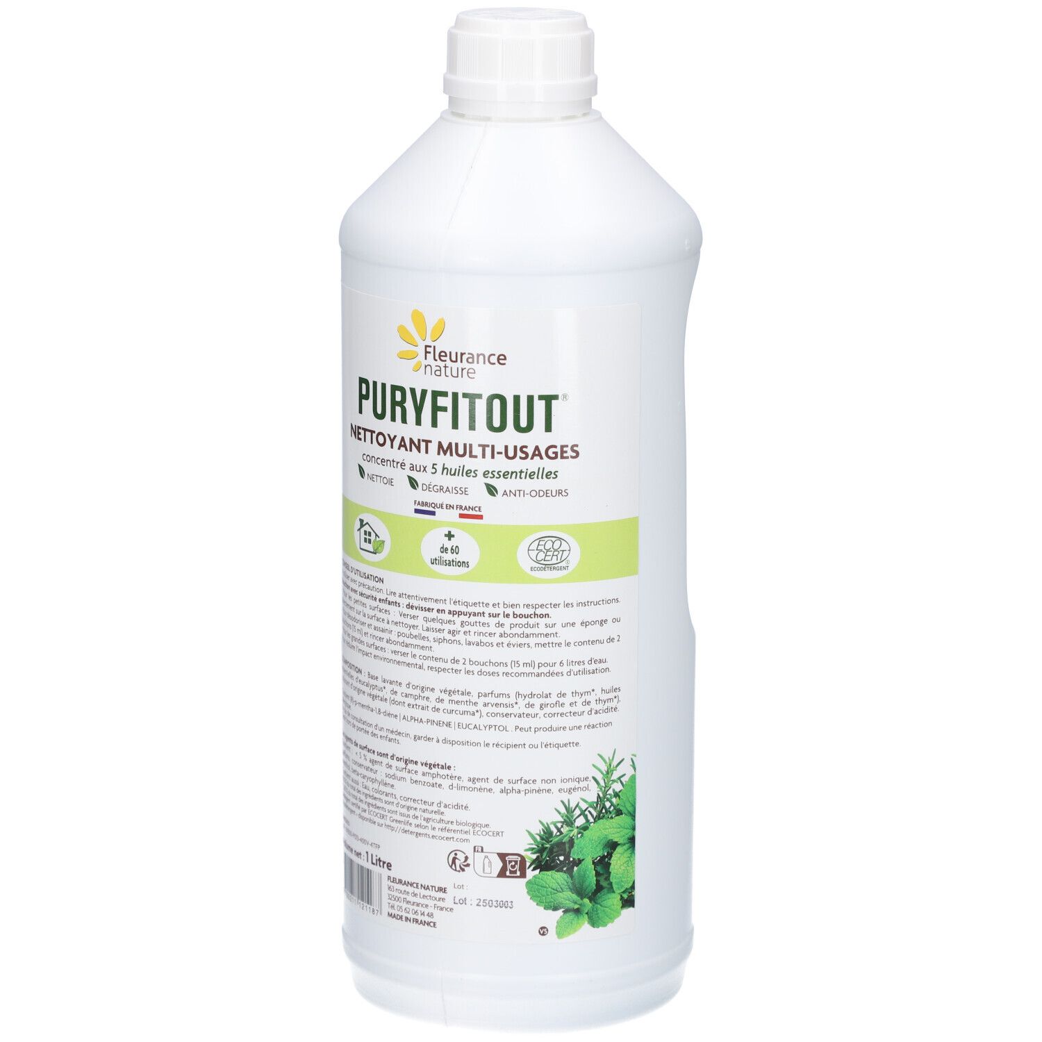 Bouteille blanche avec bouchon à vis. Inscription : PURYFITOUT, nettoyant. Certification ECOCERT. 1 litre.