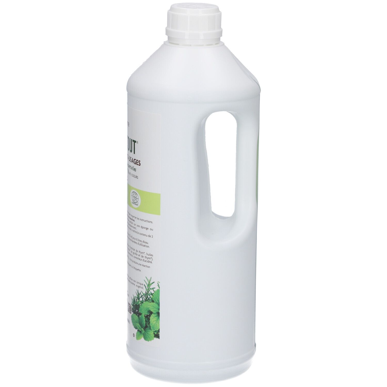 Bouteille blanche avec poignée. Inscription : PURYFITOUT, nettoyant. Certification ECOCERT. 1 litre.