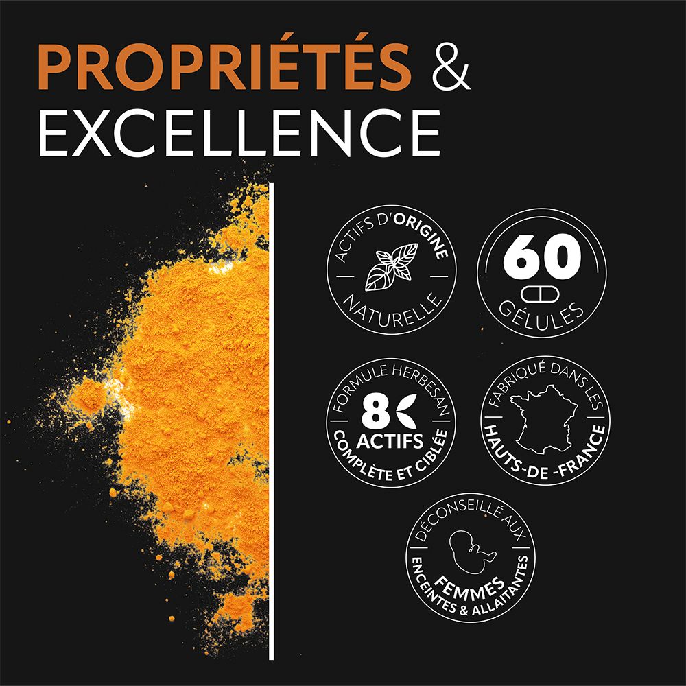 Infographie Herbesan. 60 gélules. Ingrédients naturels. 8 actifs. Fabriqué en France. Déconseillé aux femmes enceintes.