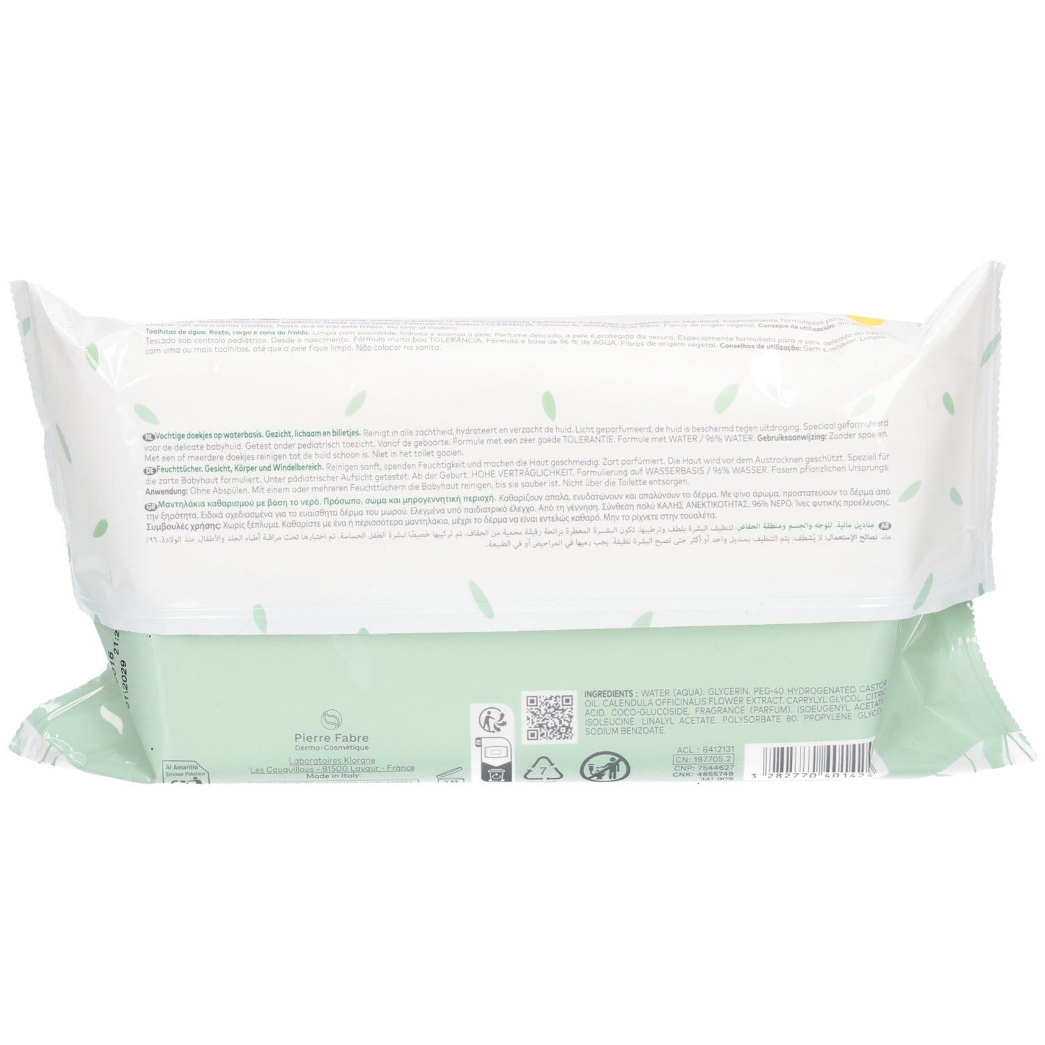 Dos de lingettes nettoyantes à l'eau Klorane Calendula Bébé, lot de 60.