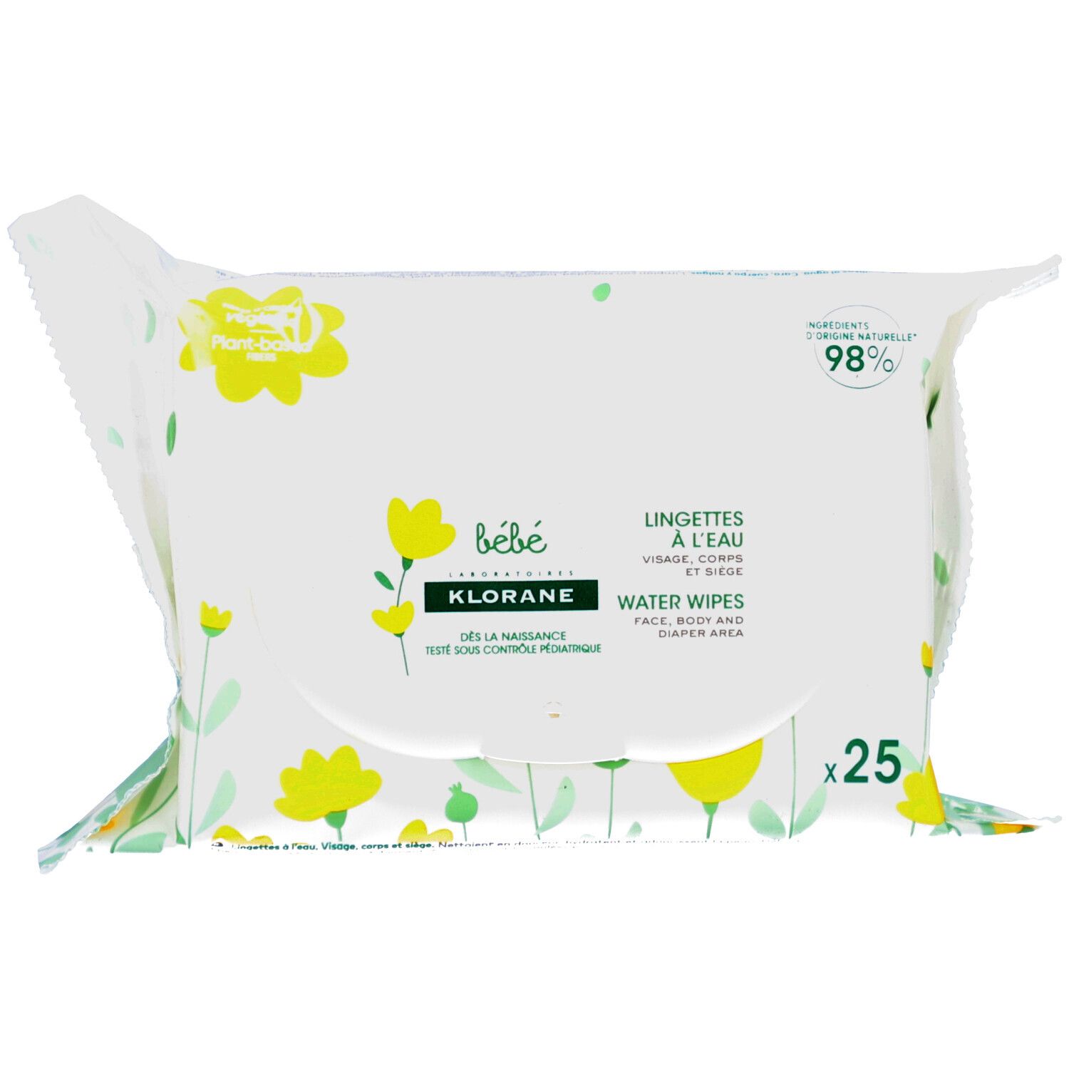 Paquet de lingettes KLORANE Bébé. Fleurs jaunes sur fond blanc. Inscription: Lingettes à l'Eau, 98% ingrédients d'origine naturelle.