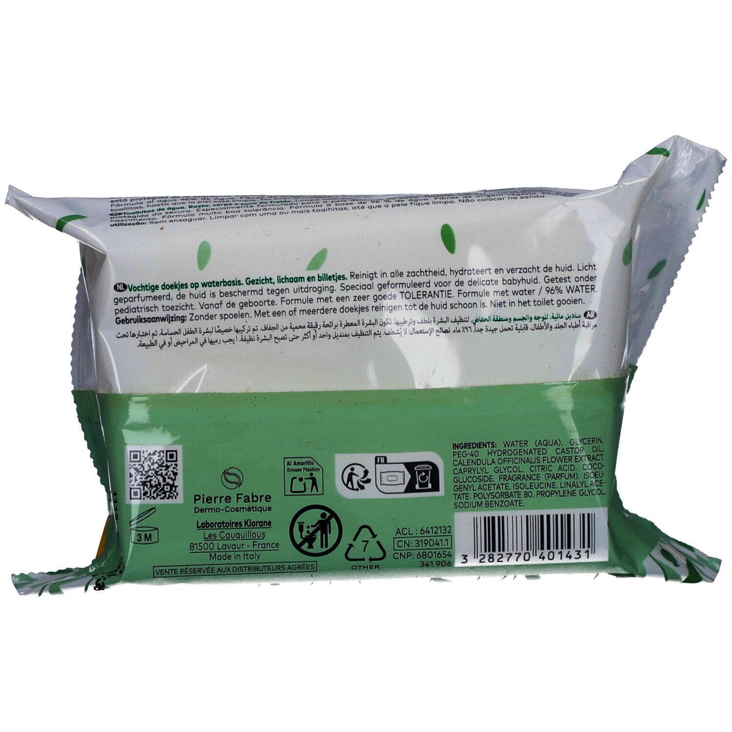 Dos du paquet de lingettes. Éléments verts et blancs. Texte et logos. Ingrédients et informations de recyclage.