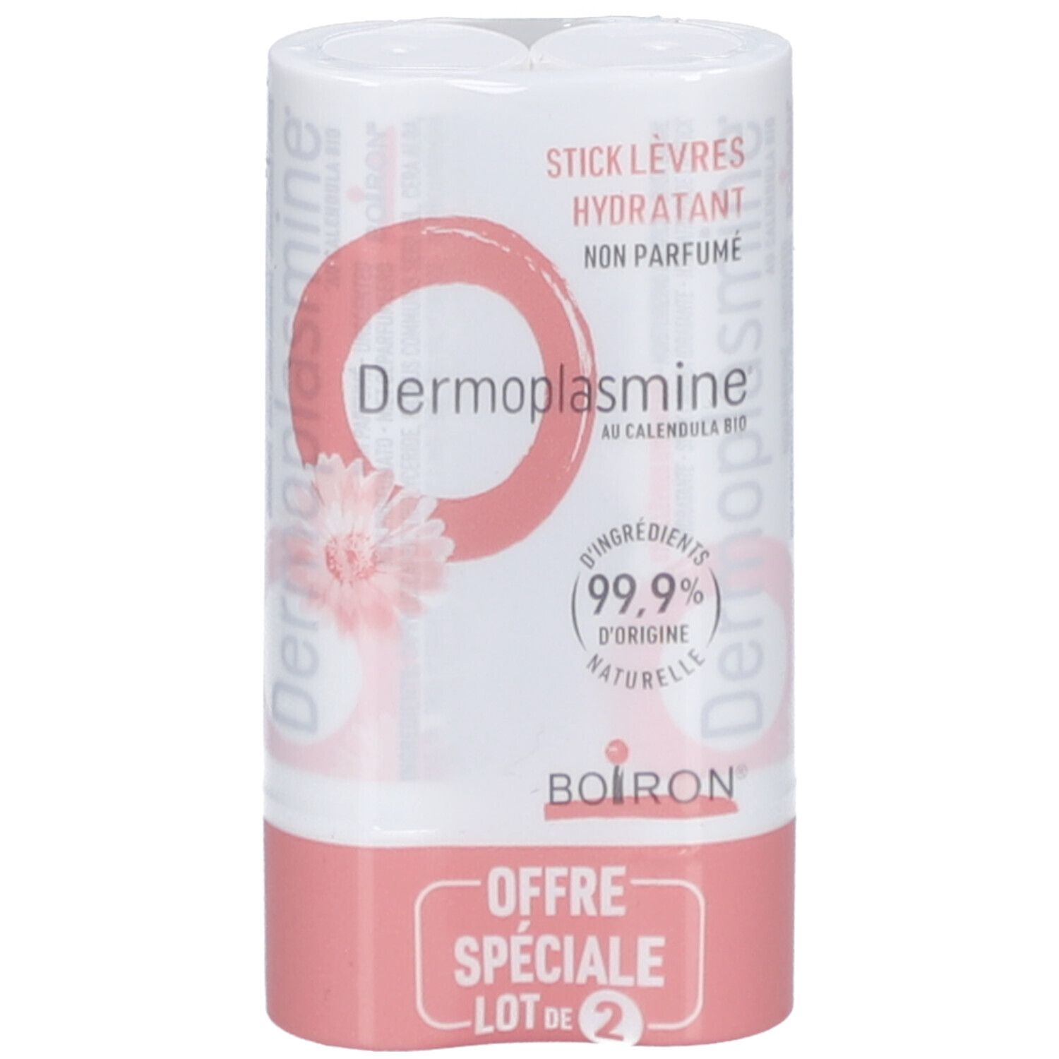 Pack de deux sticks lèvres. Emballage blanc et rose avec nom et logo du produit. "Offre spéciale" et "Lot de 2" visibles.