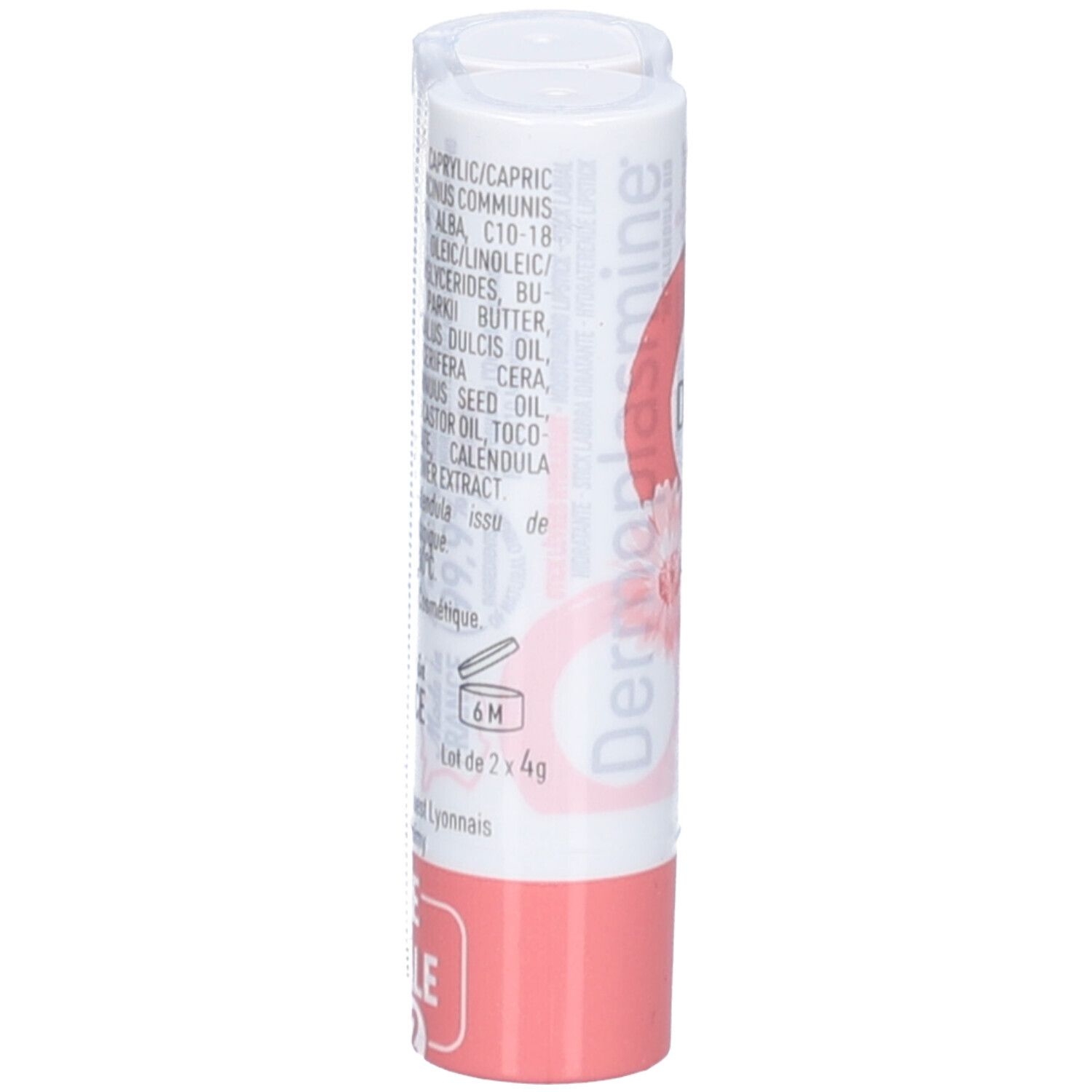 Stick à lèvres, capuchon blanc, base rose. Ingrédients et informations imprimés sur le stick. "Lot de 2 x 4g" visible.