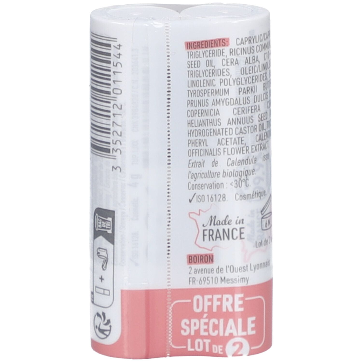 Dos du stick à lèvres. Ingrédients, adresse du fabricant et labels de qualité. "Made in France" et "Lot de 2" visibles.