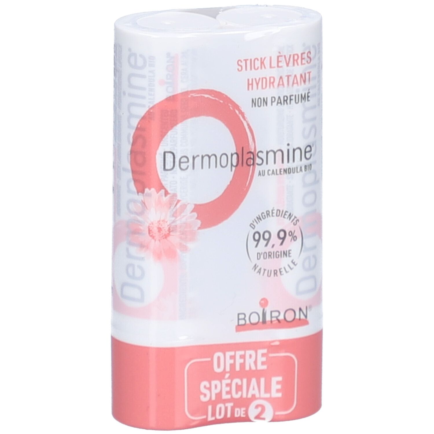 Pack de deux sticks lèvres. Emballage blanc et rose avec nom et logo du produit. "Offre spéciale" et "Lot de 2" visibles.