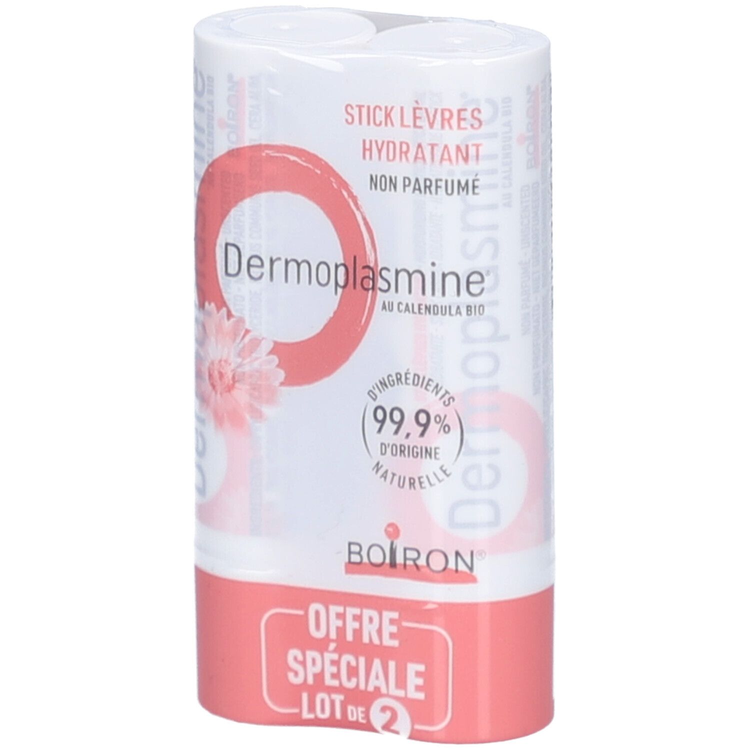 Pack de deux sticks lèvres. Emballage blanc et rose avec nom et logo du produit. "Offre spéciale" et "Lot de 2" visibles.