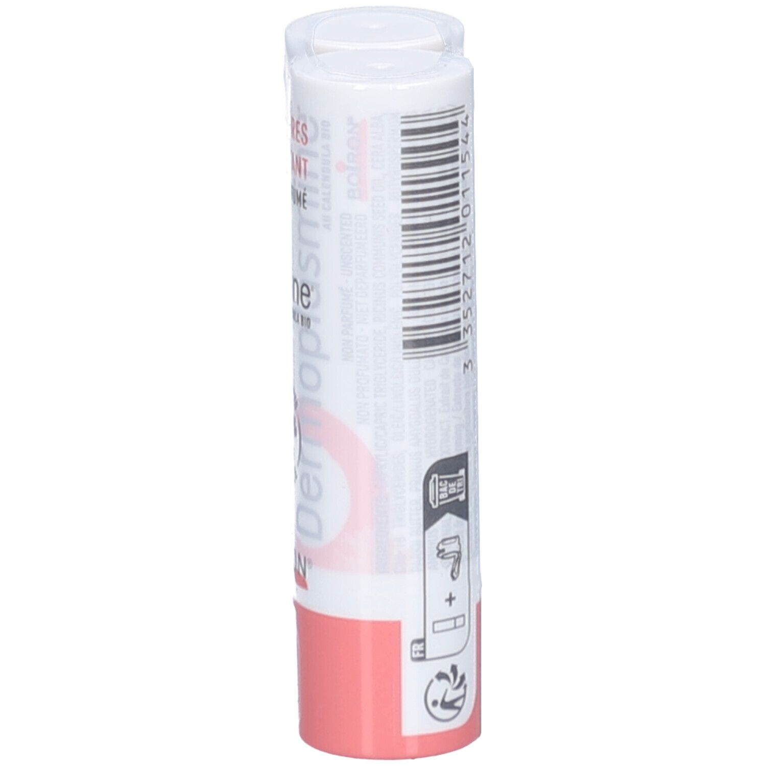 Stick à lèvres, capuchon blanc, base rose. Informations et logos imprimés sur le stick. "Lot de 2" et numéro de lot visibles.