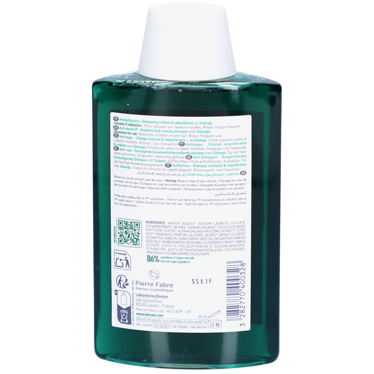 Dos d'un flacon vert, bouchon blanc. Étiquette avec texte, ingrédients et code QR. 86% ingrédients naturels.