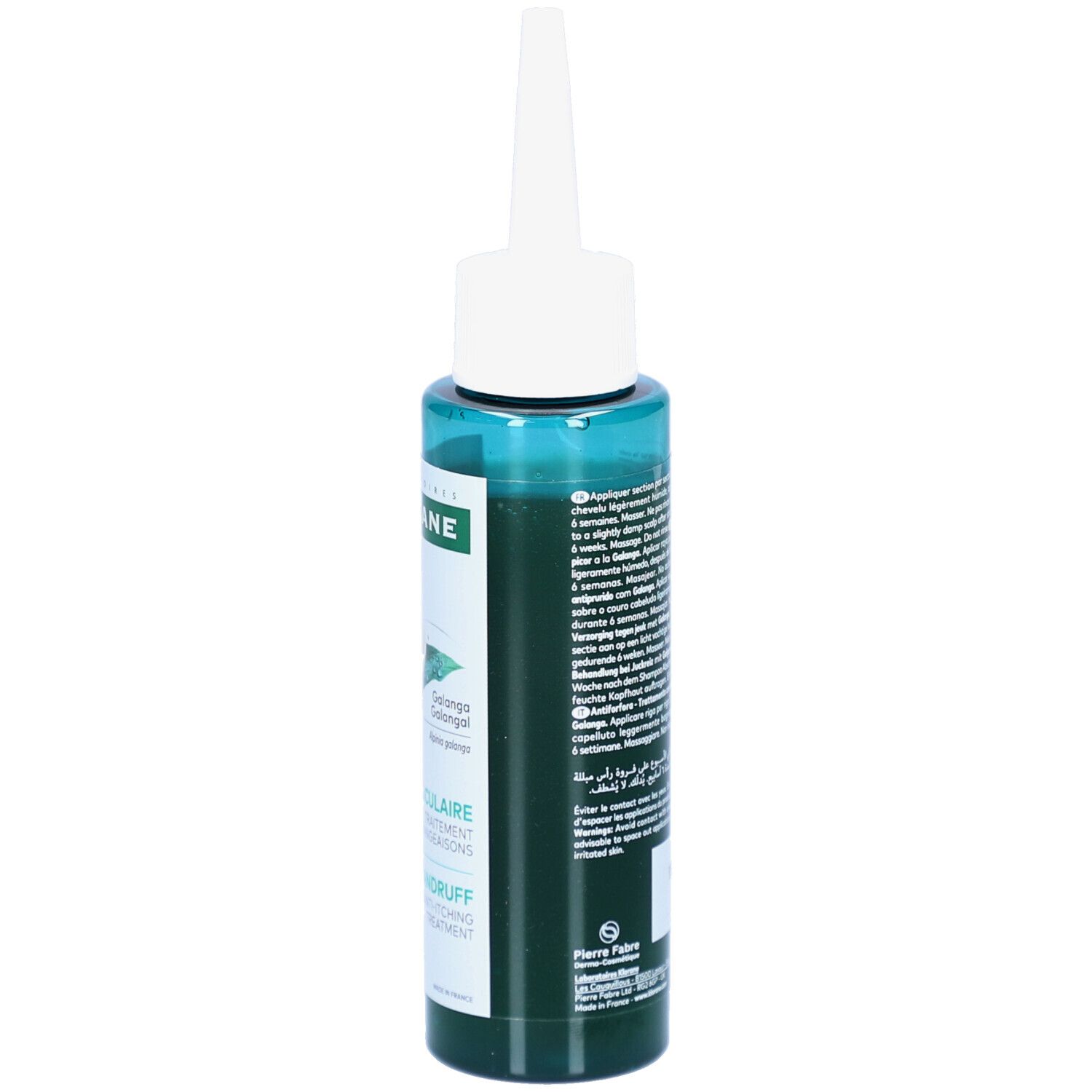 Flacon vert avec applicateur blanc. Inscriptions: KLORANE, Antipelliculaire, Anti-Démangeaisons, Anti-Dandruff Treatment. Texte au dos.