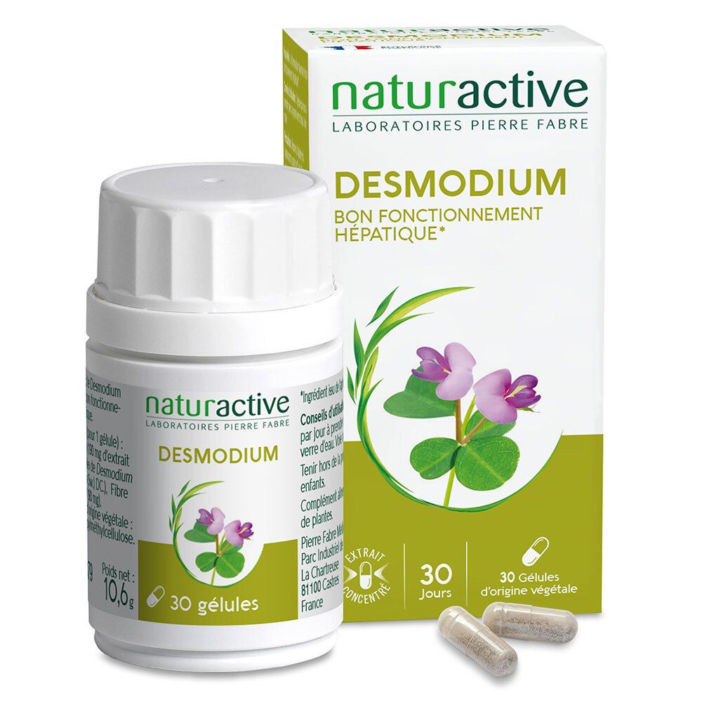 Flacon et boîte de gélules Naturactive Desmodium. Flacon blanc, boîte avec nom et logo du produit. 30 gélules.