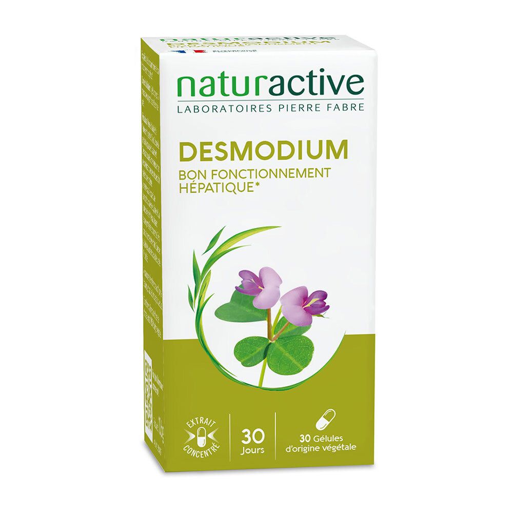 Boîte de Naturactive Desmodium. Boîte blanche avec nom du produit, logo et motif floral. 30 gélules.