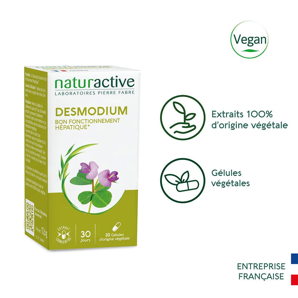 Boîte Naturactive Desmodium. Boîte blanche avec nom du produit, logo et motif floral. Label Vegan.