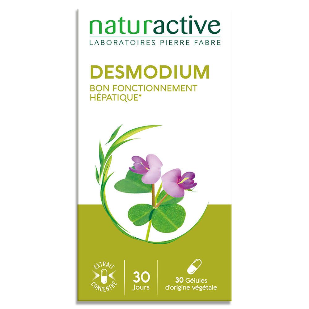 Boîte Naturactive Desmodium. Boîte blanche avec nom du produit, logo et motif floral. 30 gélules.