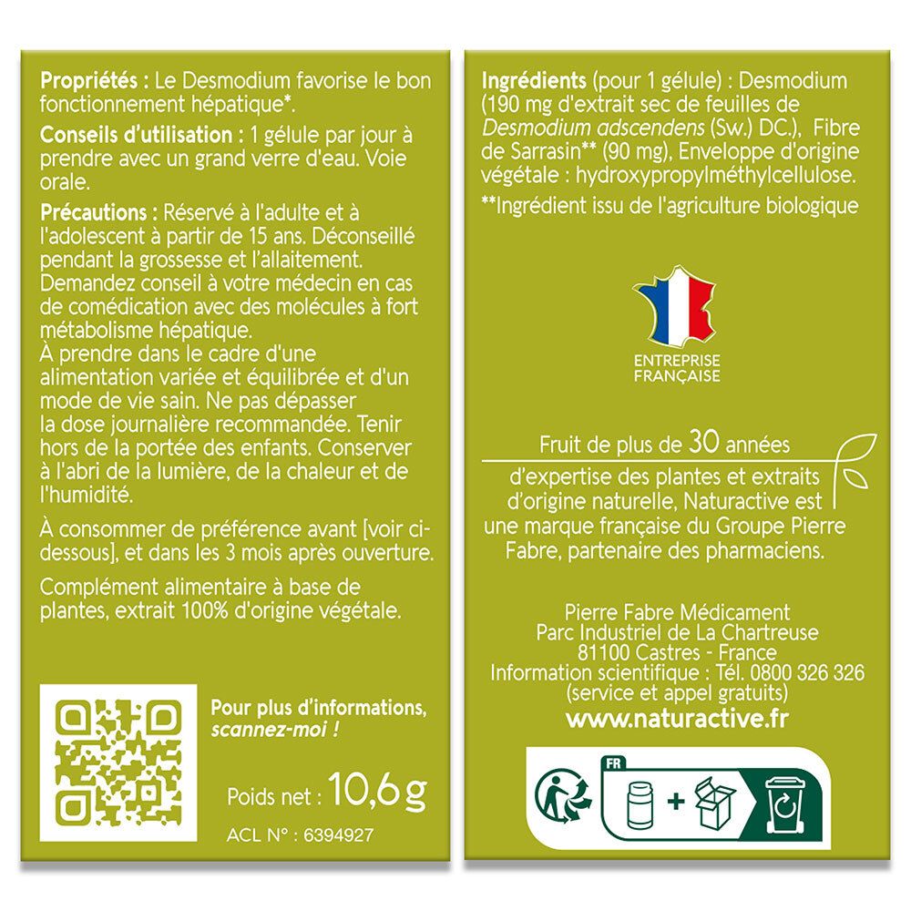 Dos de la boîte Naturactive Desmodium. Texte avec ingrédients, mode d'emploi et informations fabricant.