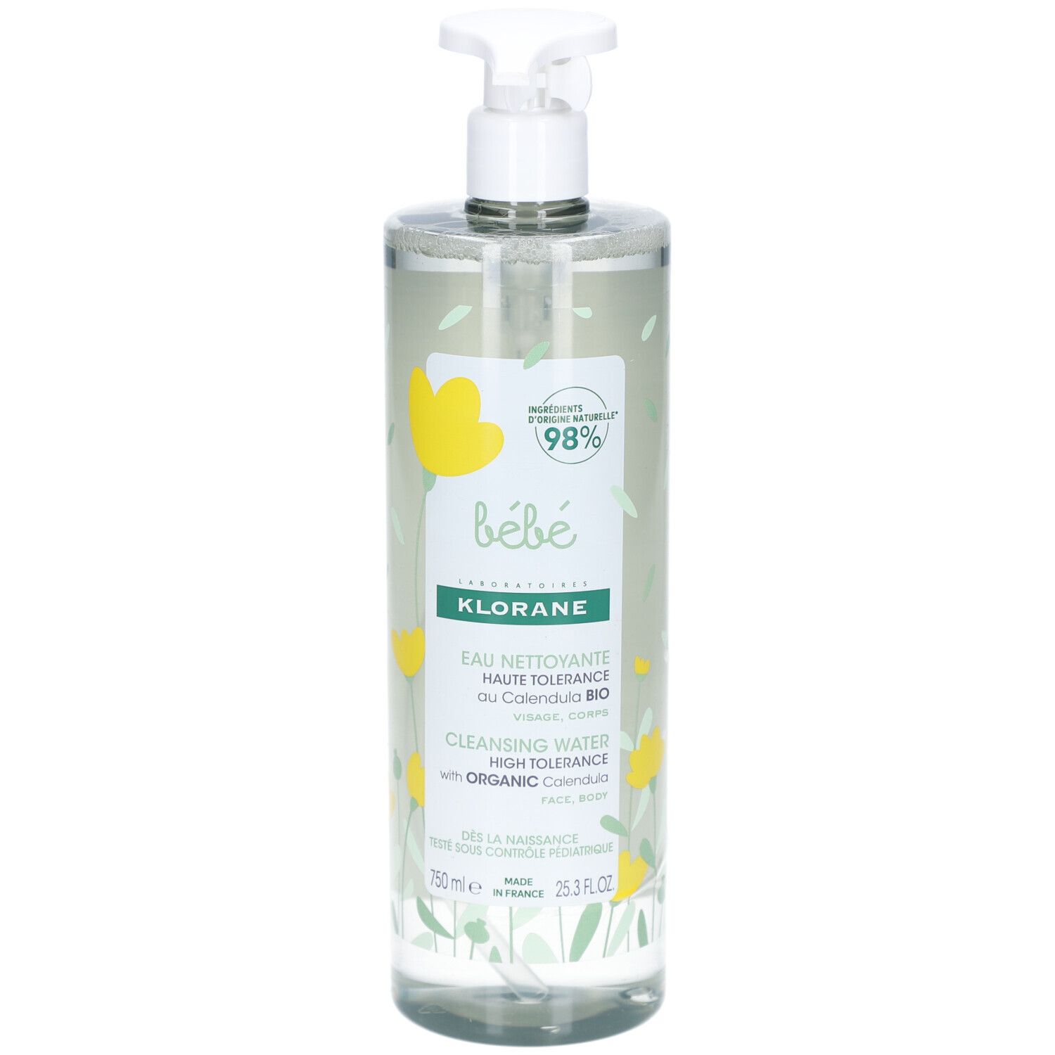 Flacon transparent avec pompe. Inscription: Klorane Bébé, Eau nettoyante, Calendula Bio. Illustrations de fleurs jaunes.