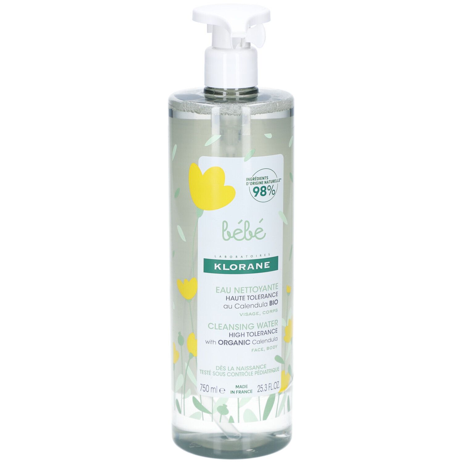 Flacon transparent avec pompe. Inscription: Klorane Bébé, Eau nettoyante, Calendula Bio. Illustrations de fleurs jaunes.