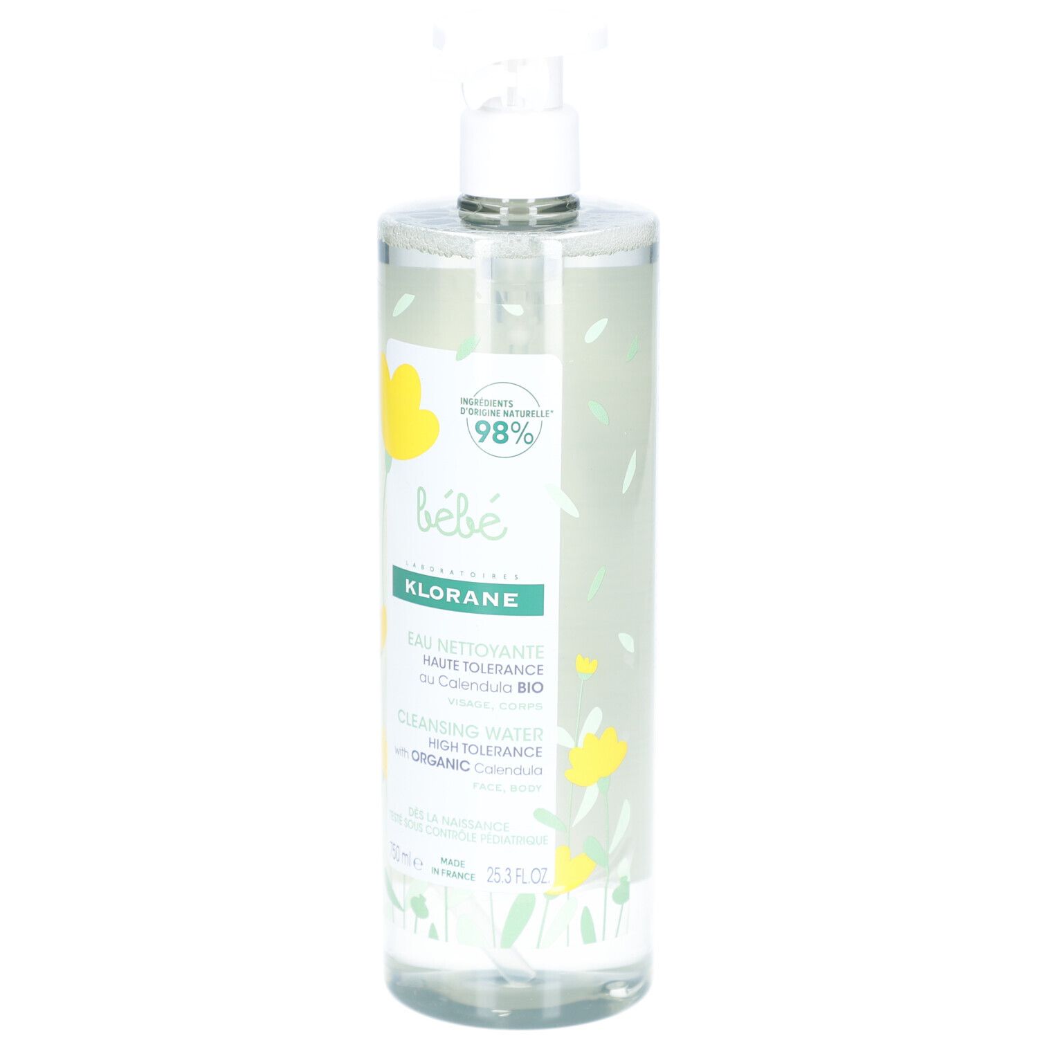 Flacon transparent avec pompe. Inscription: Klorane Bébé, Eau nettoyante, Calendula Bio. Illustrations de fleurs jaunes.