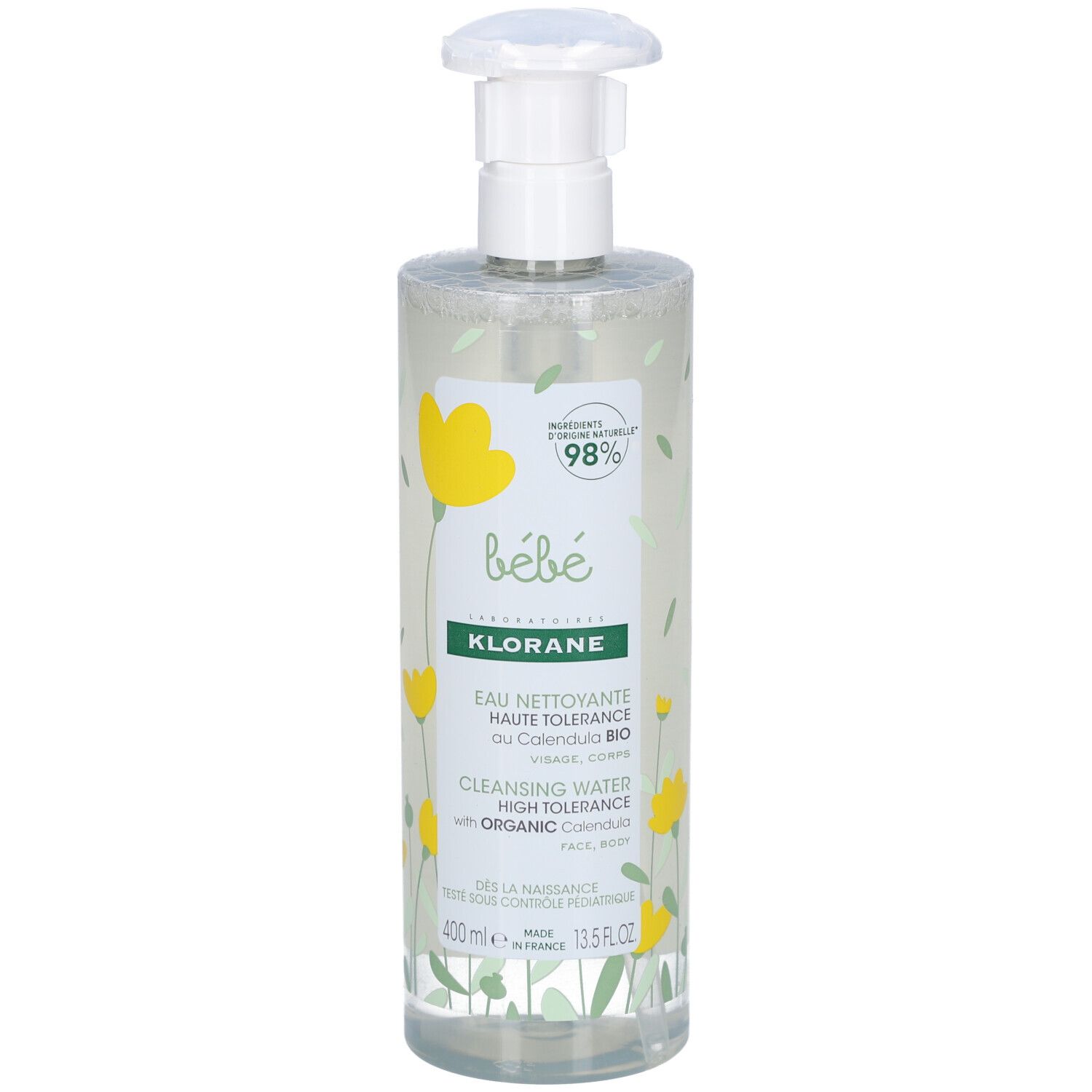Flacon transparent avec pompe. Inscriptions: bébé, Klorane, Eau Nettoyante, Calendula BIO, 98% ingrédients d'origine naturelle.
