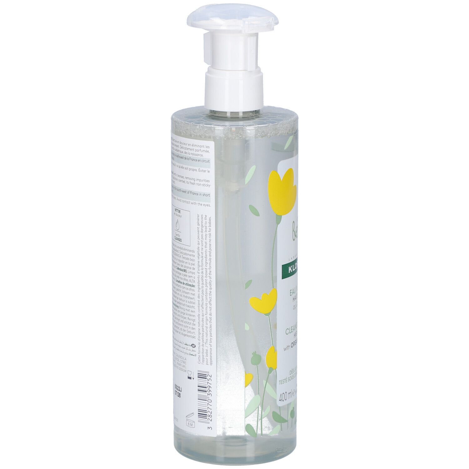 Flacon transparent avec pompe. Dos avec texte. Inscriptions: Klorane, Eau Nettoyante, Calendula BIO, 400ml.
