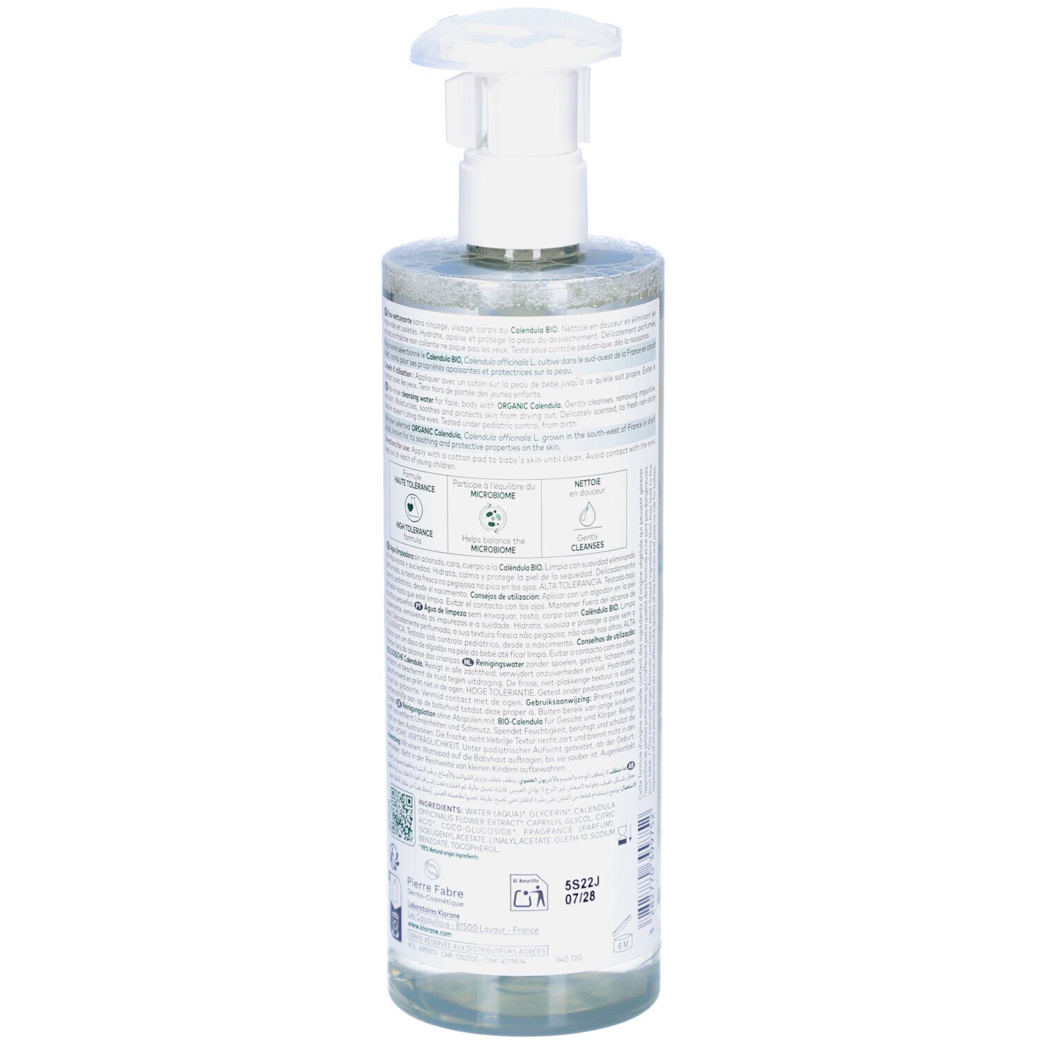 Dos du flacon avec texte. Inscriptions: Klorane, Eau Nettoyante, Calendula BIO. Symboles: nettoie, protège, respecte.