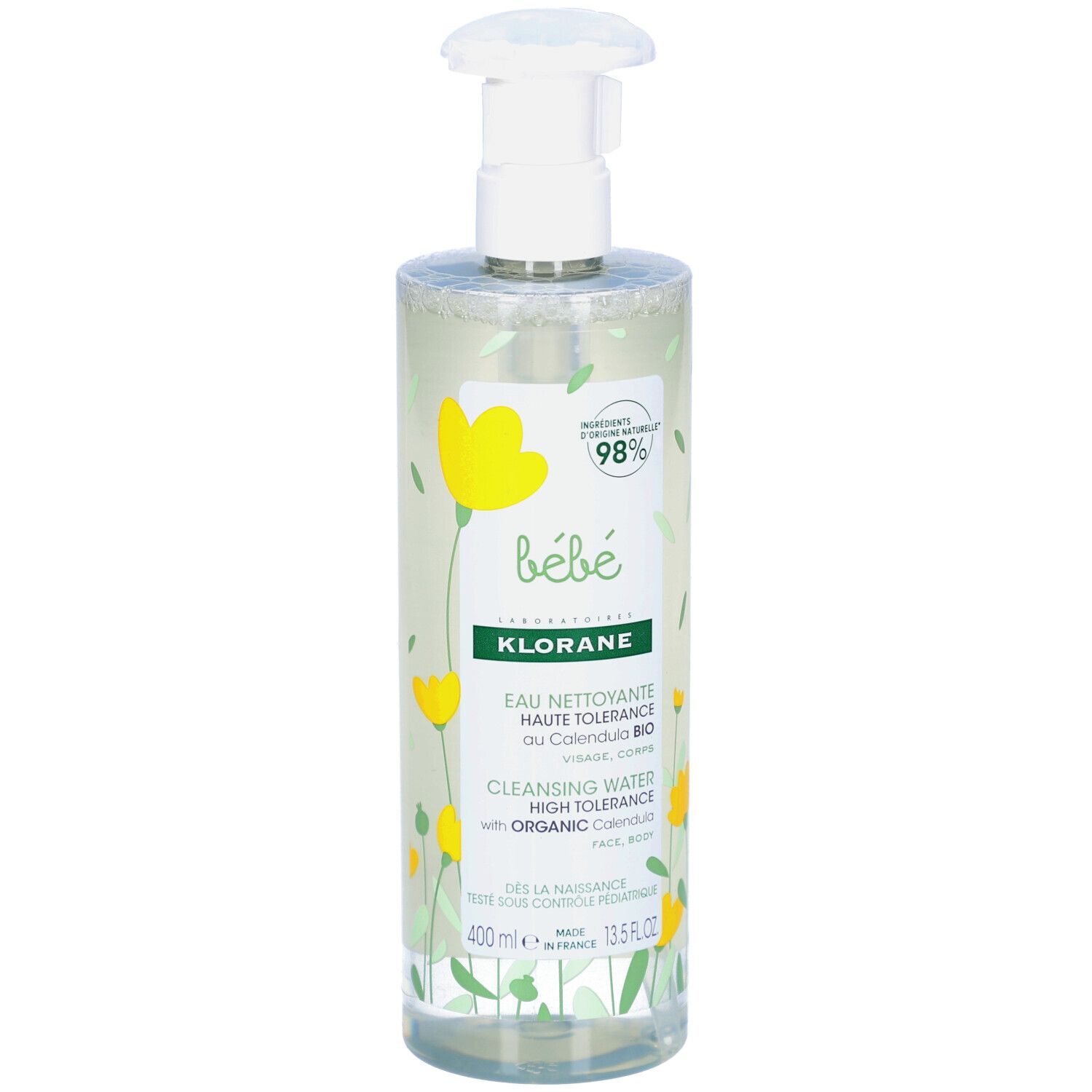 Flacon transparent avec pompe. Inscriptions: bébé, Klorane, Eau Nettoyante, Calendula BIO, 98% ingrédients d'origine naturelle.