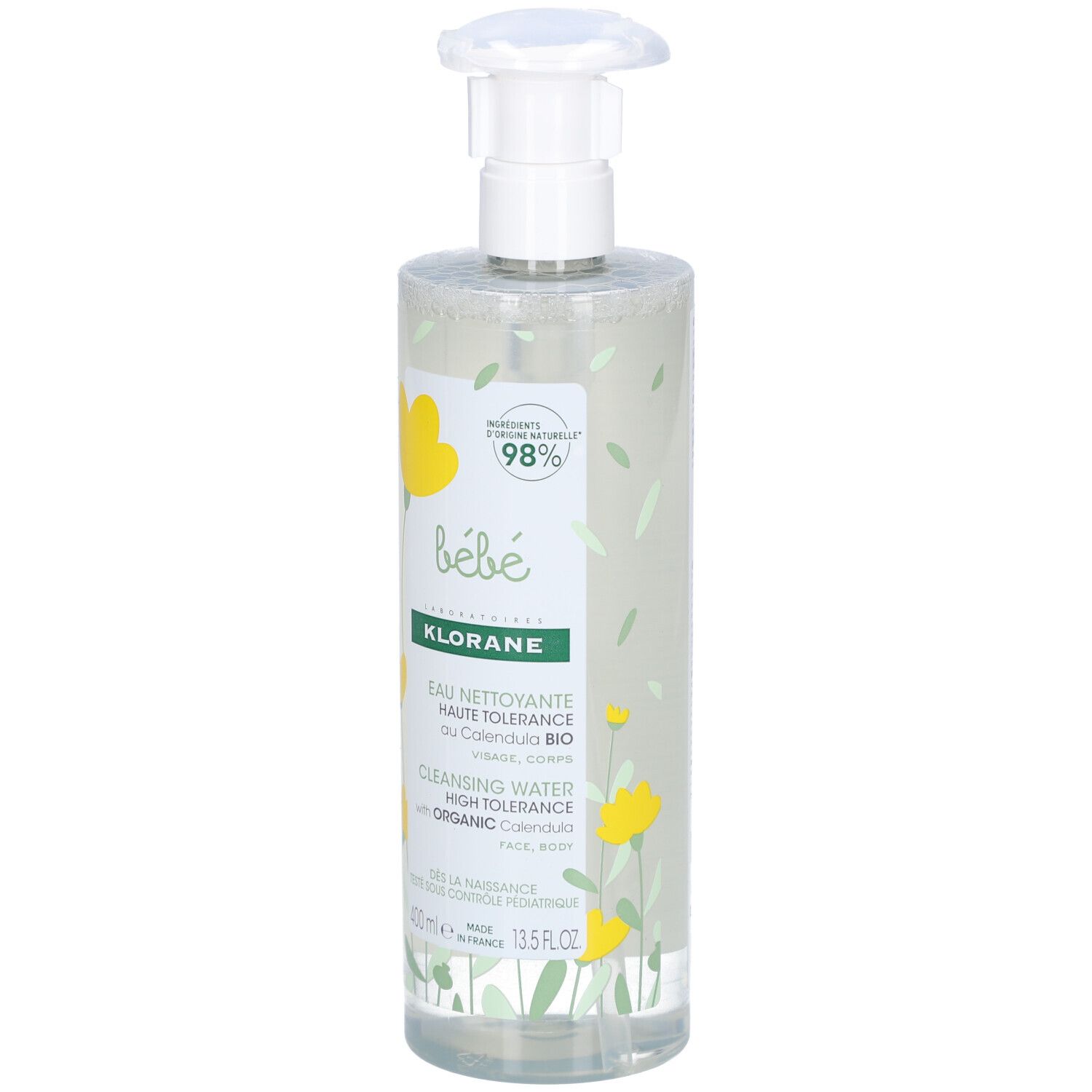 Flacon transparent avec pompe. Inscriptions: bébé, Klorane, Eau Nettoyante, Calendula BIO, 98% ingrédients d'origine naturelle.
