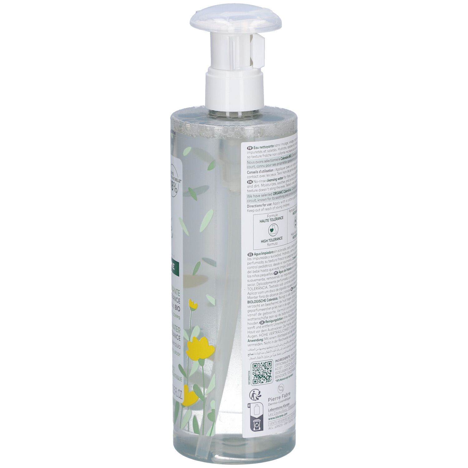 Dos du flacon avec texte. Inscriptions: Klorane, Eau Nettoyante, Calendula BIO. Symboles: nettoie, protège, respecte.