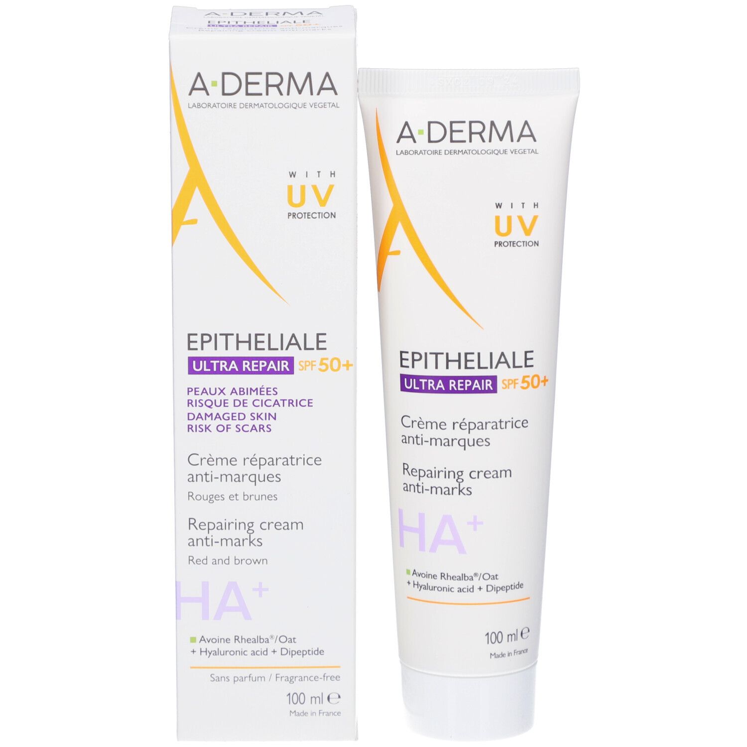 A-DERMA Epitheliale Ultra Repair SPF50+ crème et emballage. Tube et boîte blancs. Nom du produit et logo.
