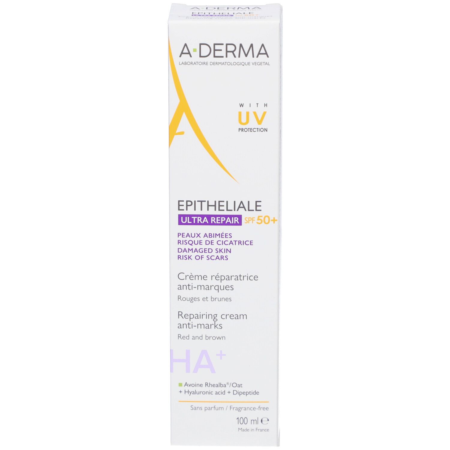 Emballage A-DERMA Epitheliale Ultra Repair SPF50+. Boîte blanche avec informations produit et logo.