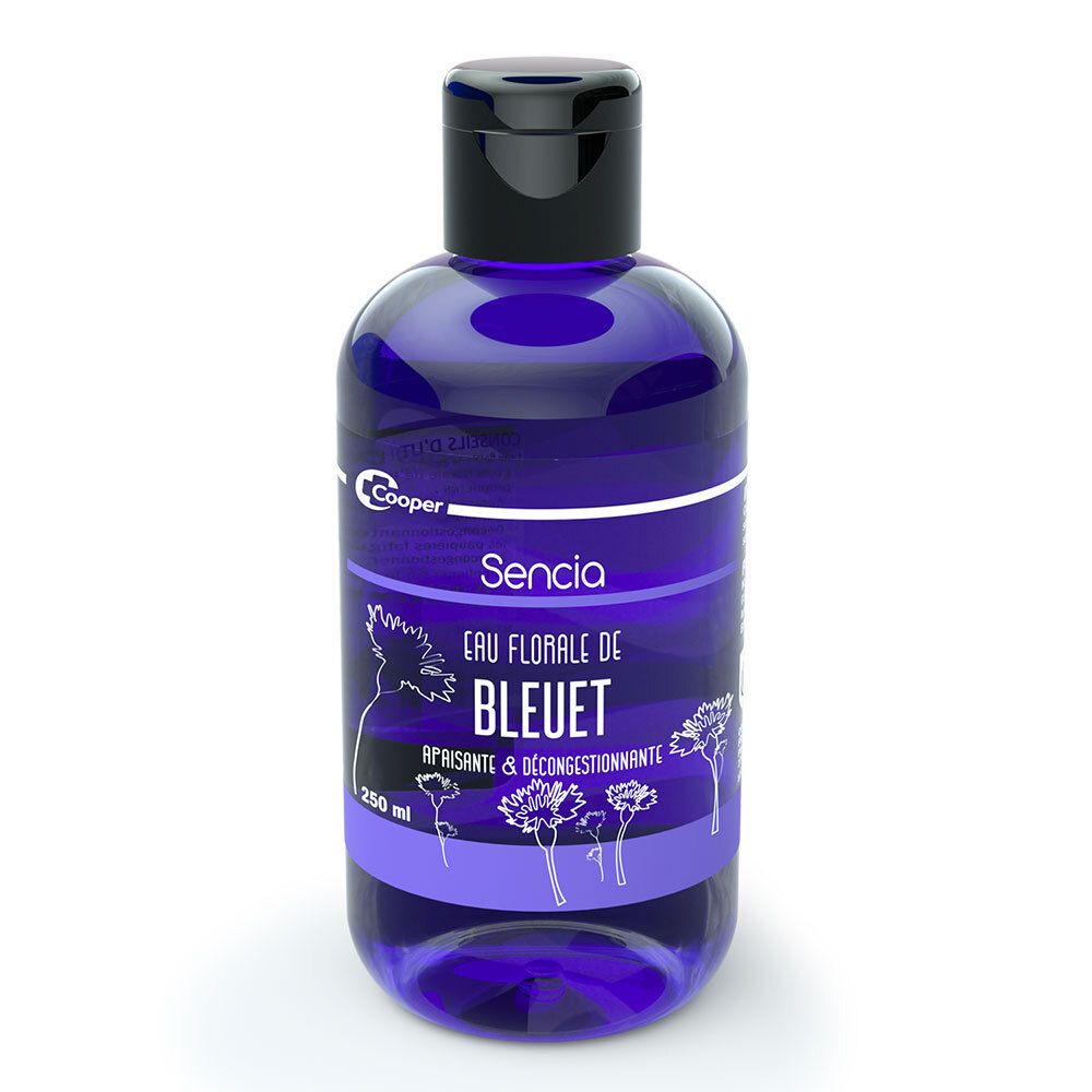 Flacon bleu avec bouchon noir. Inscription: Sencia Eau Florale de Bleuet. Marque: Cooper. 250 ml.