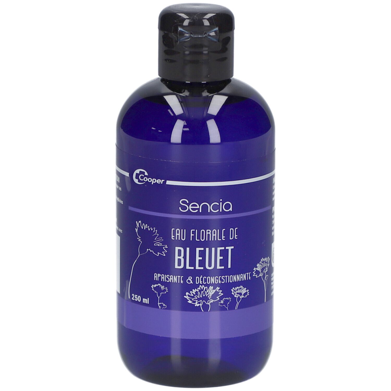 Flacon bleu avec bouchon noir. Inscription: Sencia, Eau Florale de Bleuet. 250 ml.