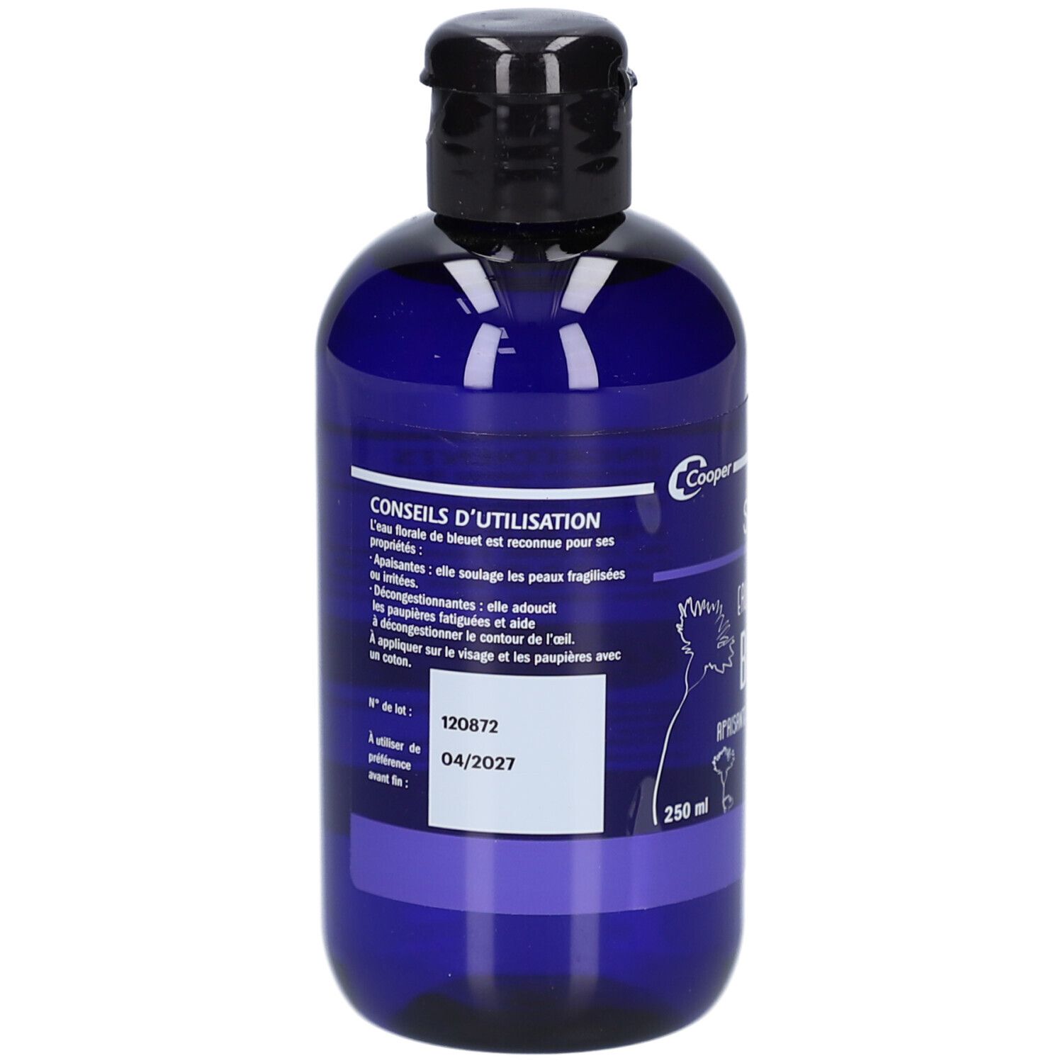 Dos du flacon bleu. Texte: Conseils d'utilisation, numéro de lot, date d'expiration 04/2027. 250 ml.