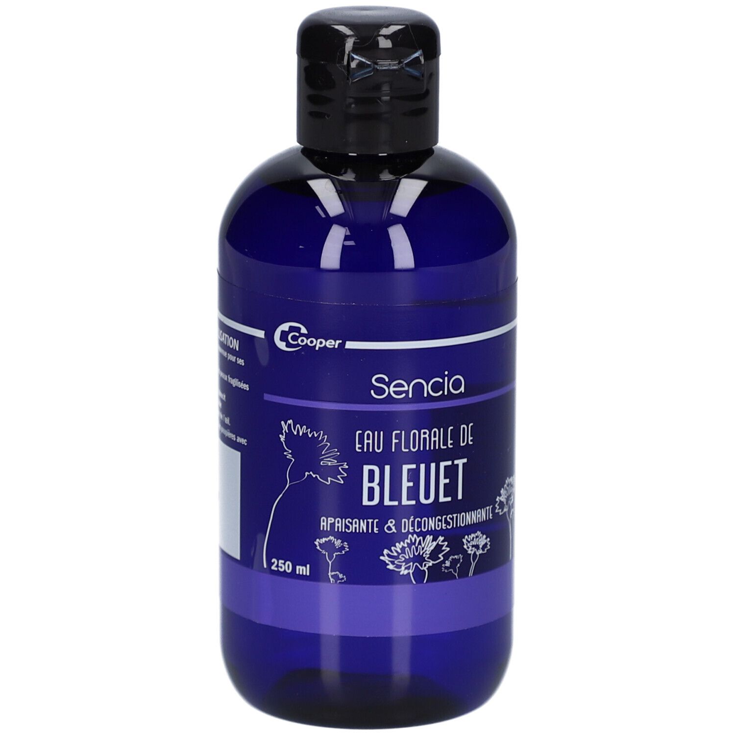Flacon bleu avec bouchon noir. Inscription: Sencia, Eau Florale de Bleuet. 250 ml.