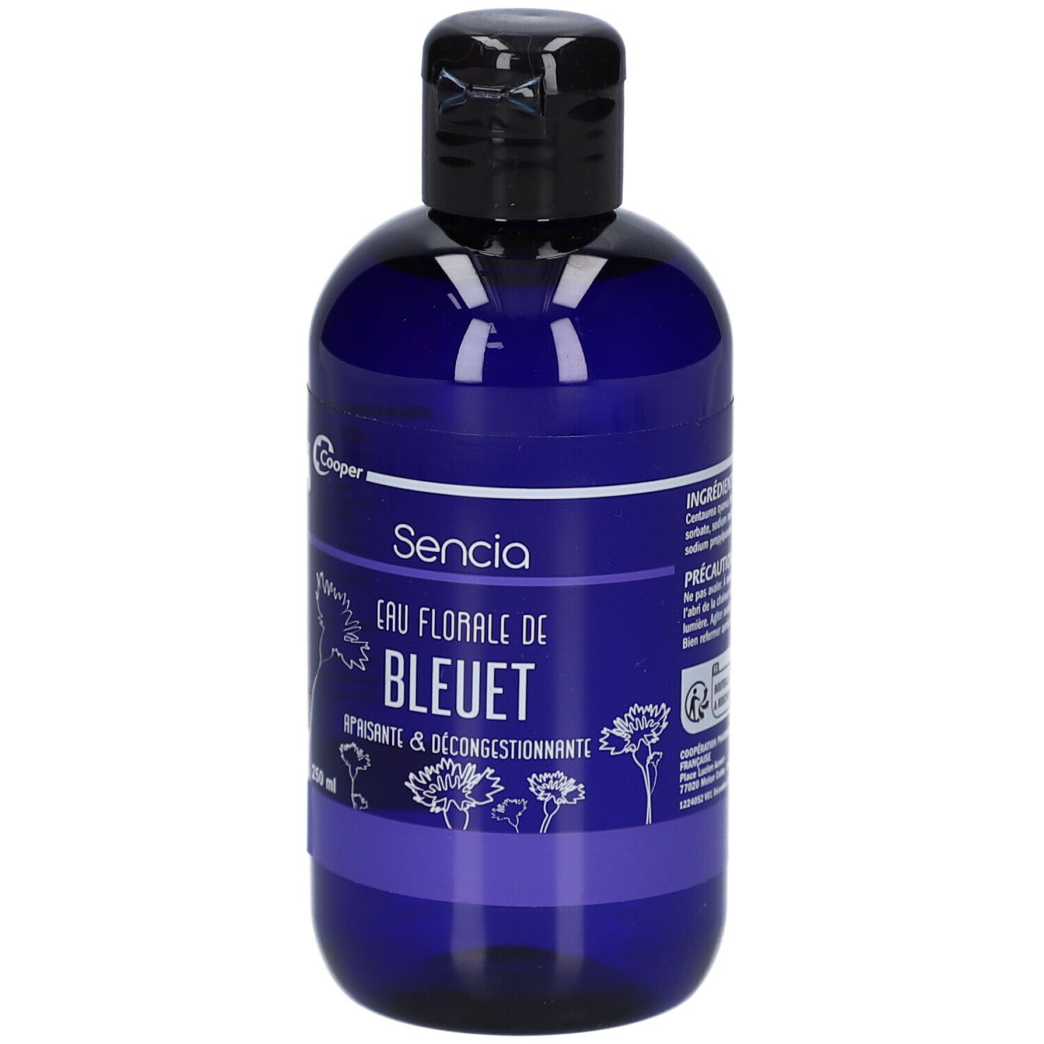 Flacon bleu avec bouchon noir. Inscription: Sencia, Eau Florale de Bleuet. 250 ml.