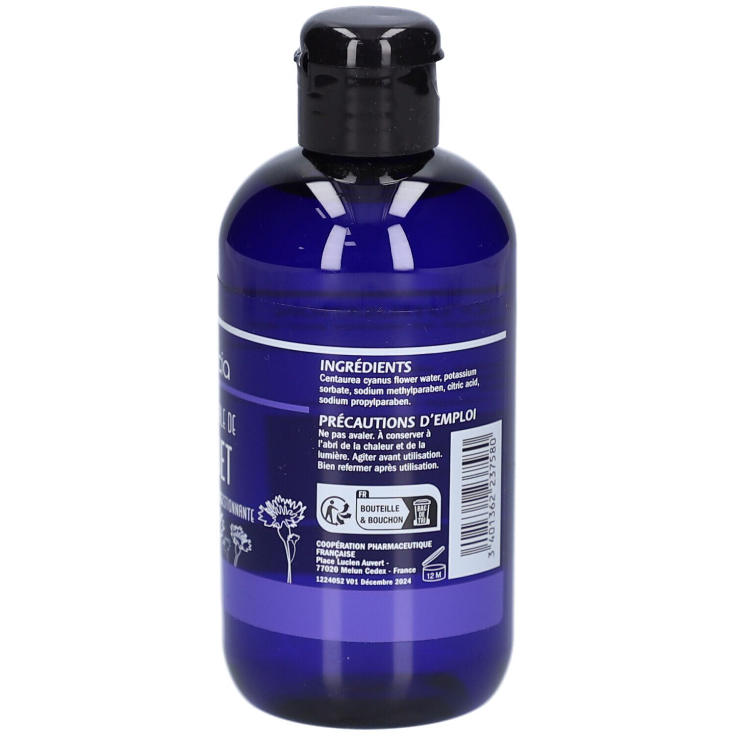 Dos du flacon bleu. Liste des ingrédients et précautions d'emploi.
