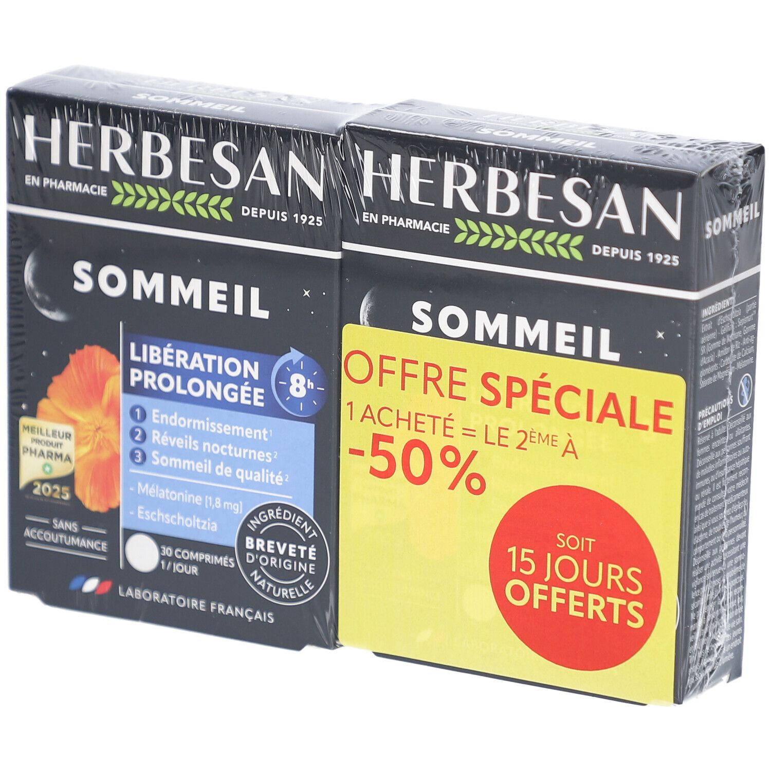 Deux boîtes HERBESAN SOMMEIL. Boîtes noires avec informations produit et autocollant promotionnel. 30 comprimés, libération 8 heures.