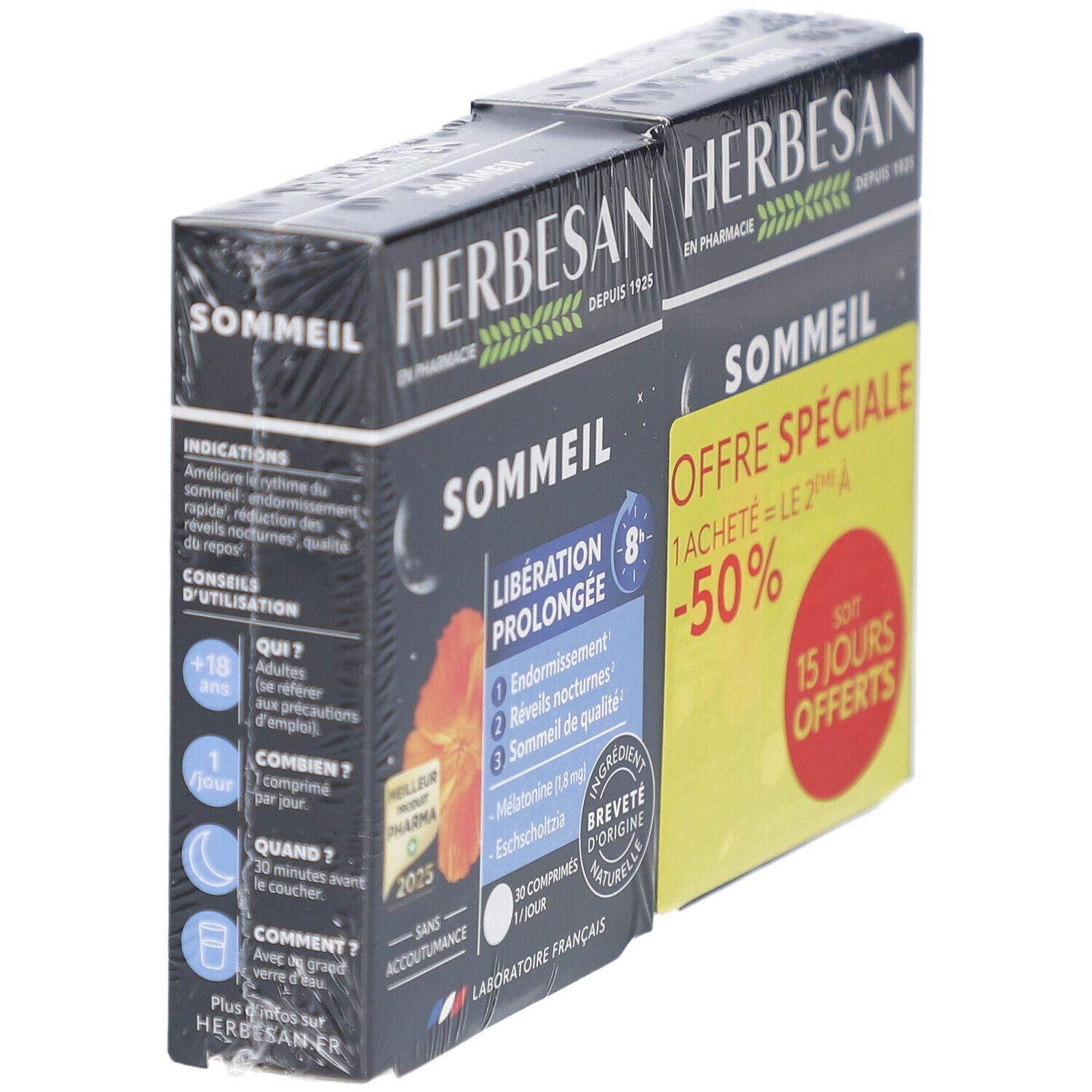 Deux boîtes HERBESAN SOMMEIL. Boîtes noires avec informations produit et autocollant promotionnel. 30 comprimés, libération 8 heures.