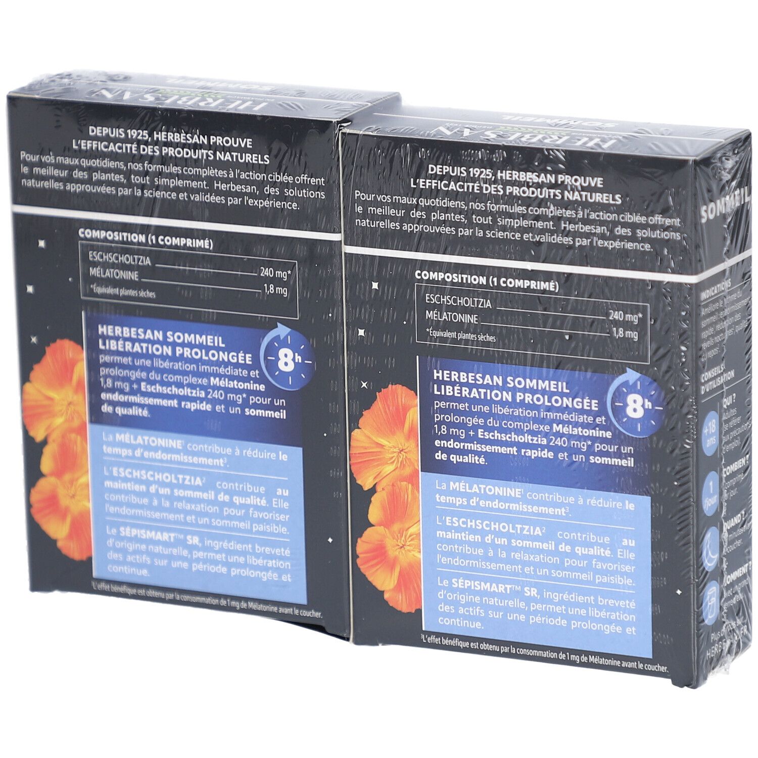 Deux boîtes HERBESAN SOMMEIL. Boîtes noires avec informations produit. 30 comprimés, libération 8 heures. Ingrédients.