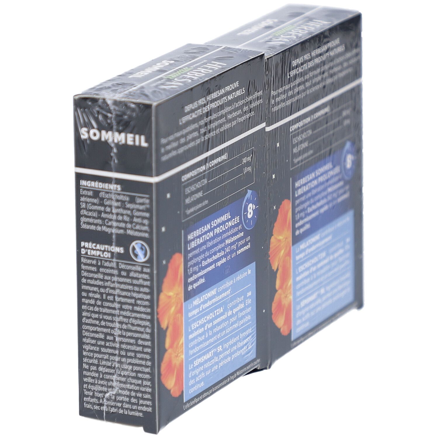 Deux boîtes HERBESAN SOMMEIL. Boîtes noires avec informations produit. 30 comprimés, libération 8 heures. Précautions d'emploi.