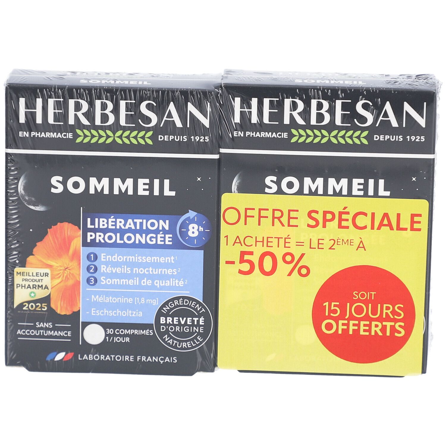 Deux boîtes HERBESAN SOMMEIL. Boîtes noires avec informations produit et autocollant promotionnel. 30 comprimés, libération 8 heures.