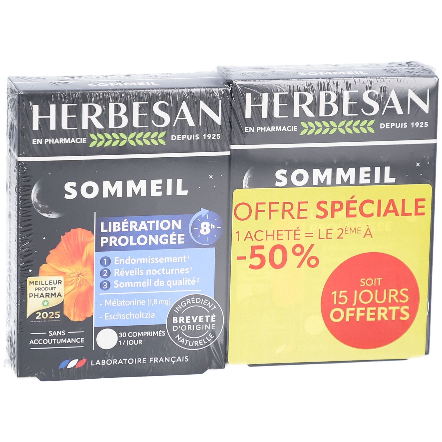 Deux boîtes HERBESAN SOMMEIL. Boîtes noires avec informations produit et autocollant promotionnel. 30 comprimés, libération 8 heures.