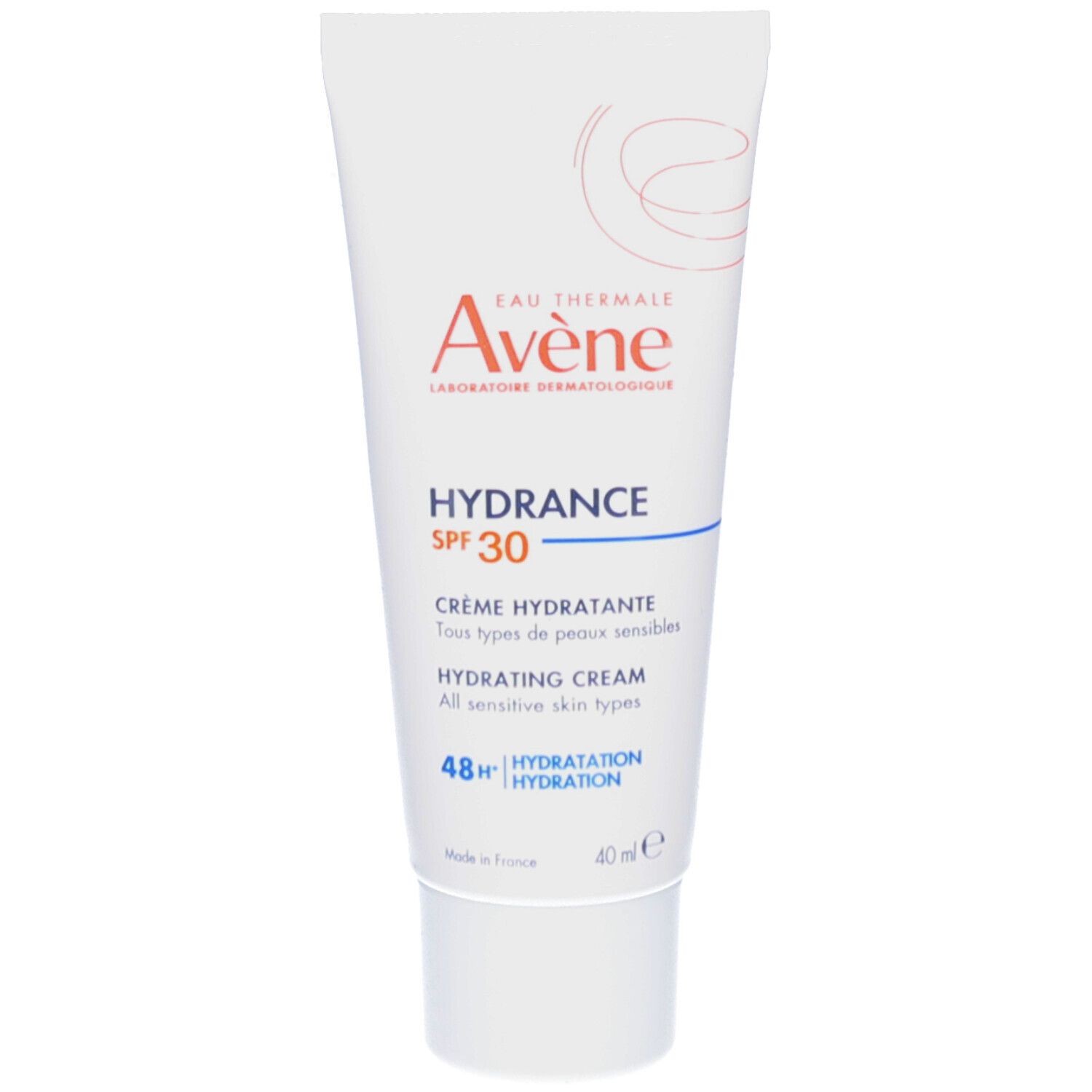 Tube blanc AVENE HYDRANCE SPF30. Crème Hydratante, Hydrating Cream. 40 ml. Inscription 48H Hydratation.