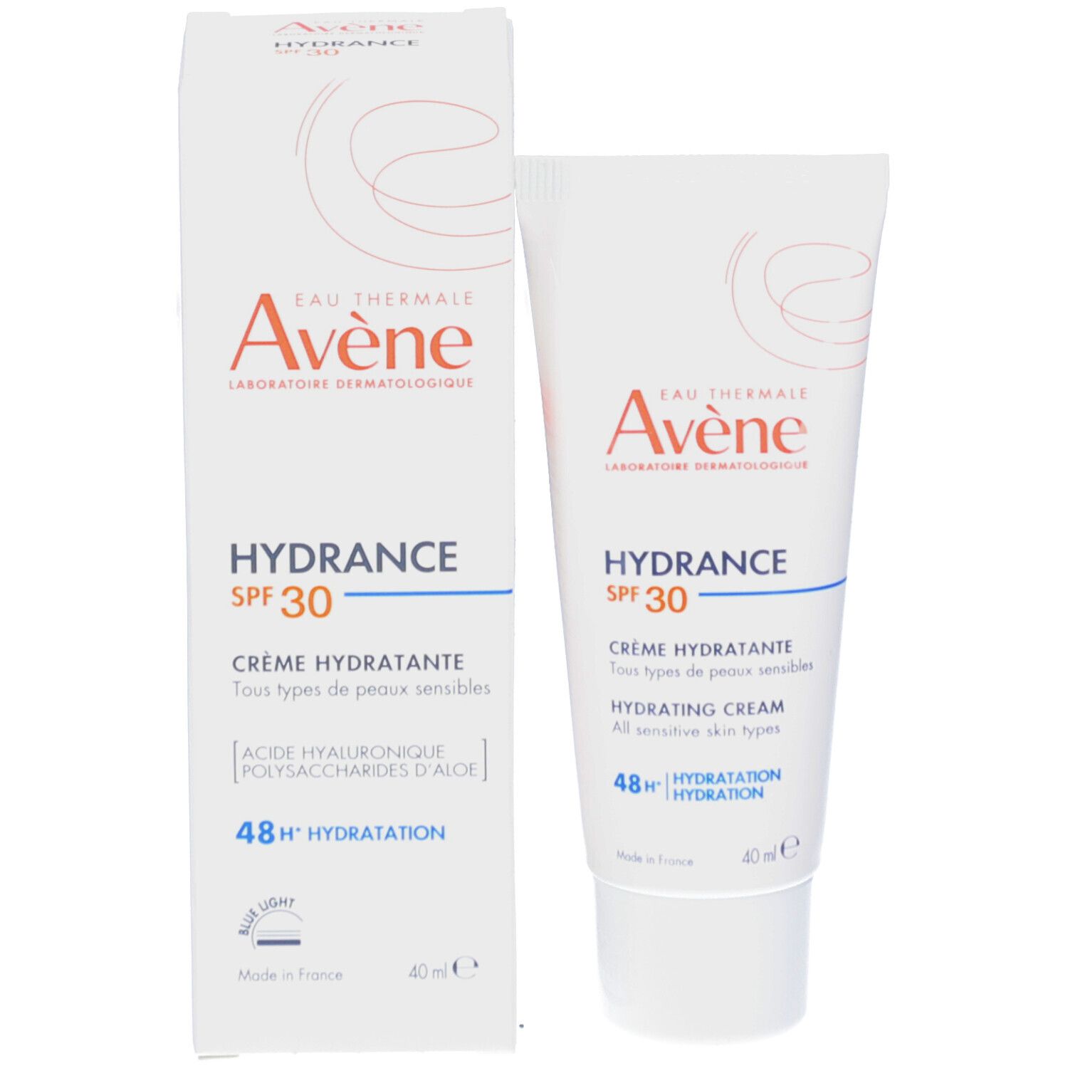 Produit avec emballage. Tube et boîte blancs AVENE HYDRANCE SPF30. Crème Hydratante, Hydrating Cream. 40 ml.