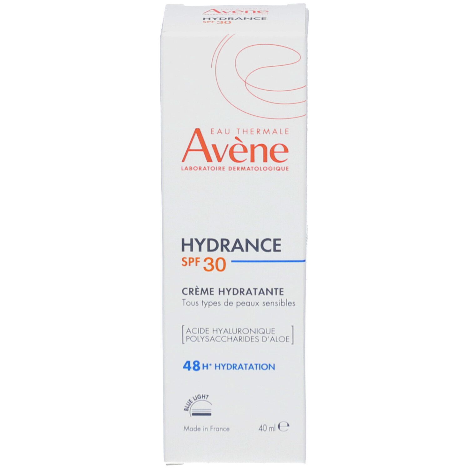 Boîte blanche AVENE HYDRANCE SPF30. Crème Hydratante, Hydrating Cream. 40 ml. Ingrédients et logo.