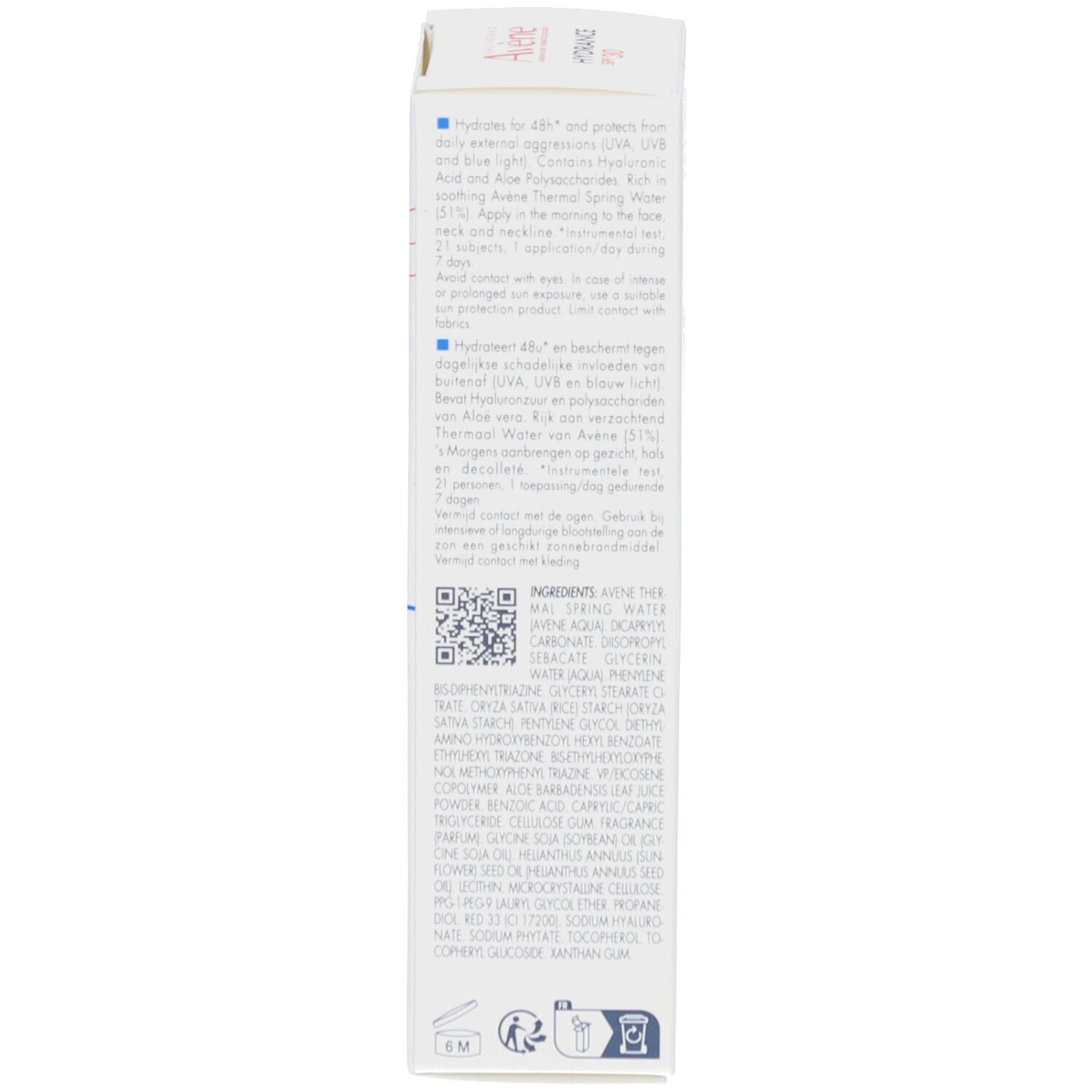 Dos de la boîte. Texte: Ingrédients, instructions d'utilisation, informations fabricant et code QR.