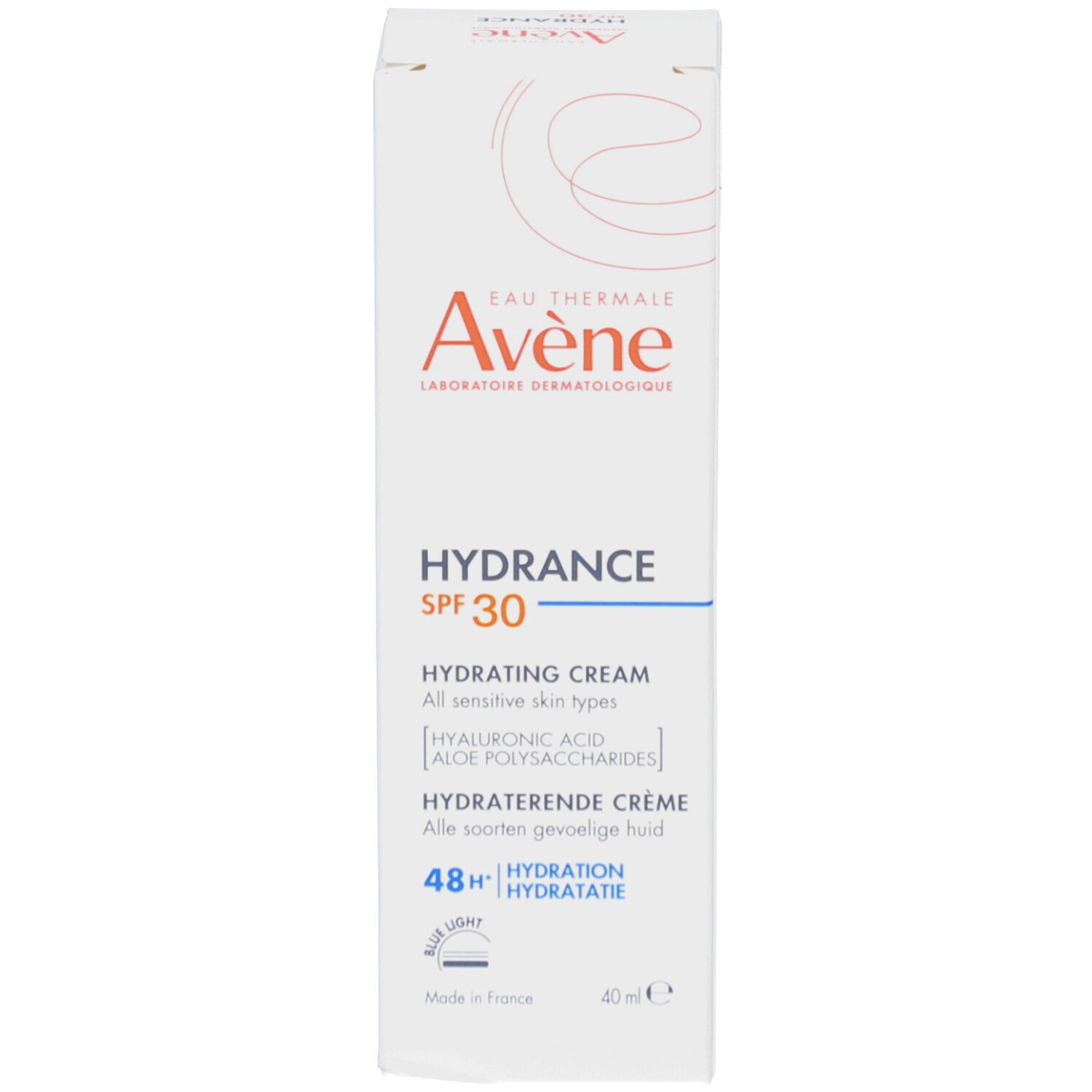 Boîte blanche AVENE HYDRANCE SPF30. Hydrating Cream, Hydraterende Crème. Ingrédients et logo.